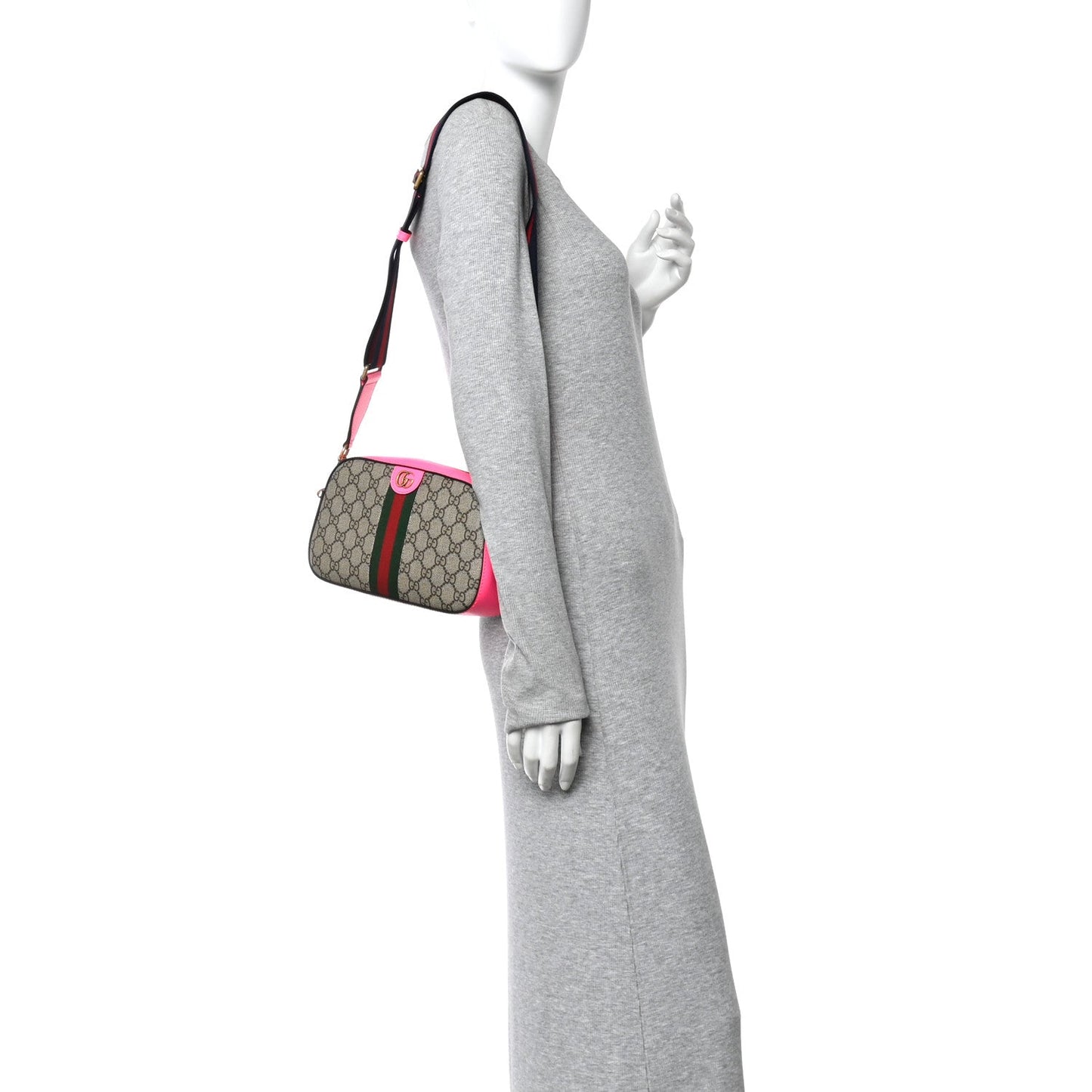 GG Supreme Monogram Textured Dollar Calfskin Web Ophidia Small Crossbody Bag Beige Ebony Fuchsia