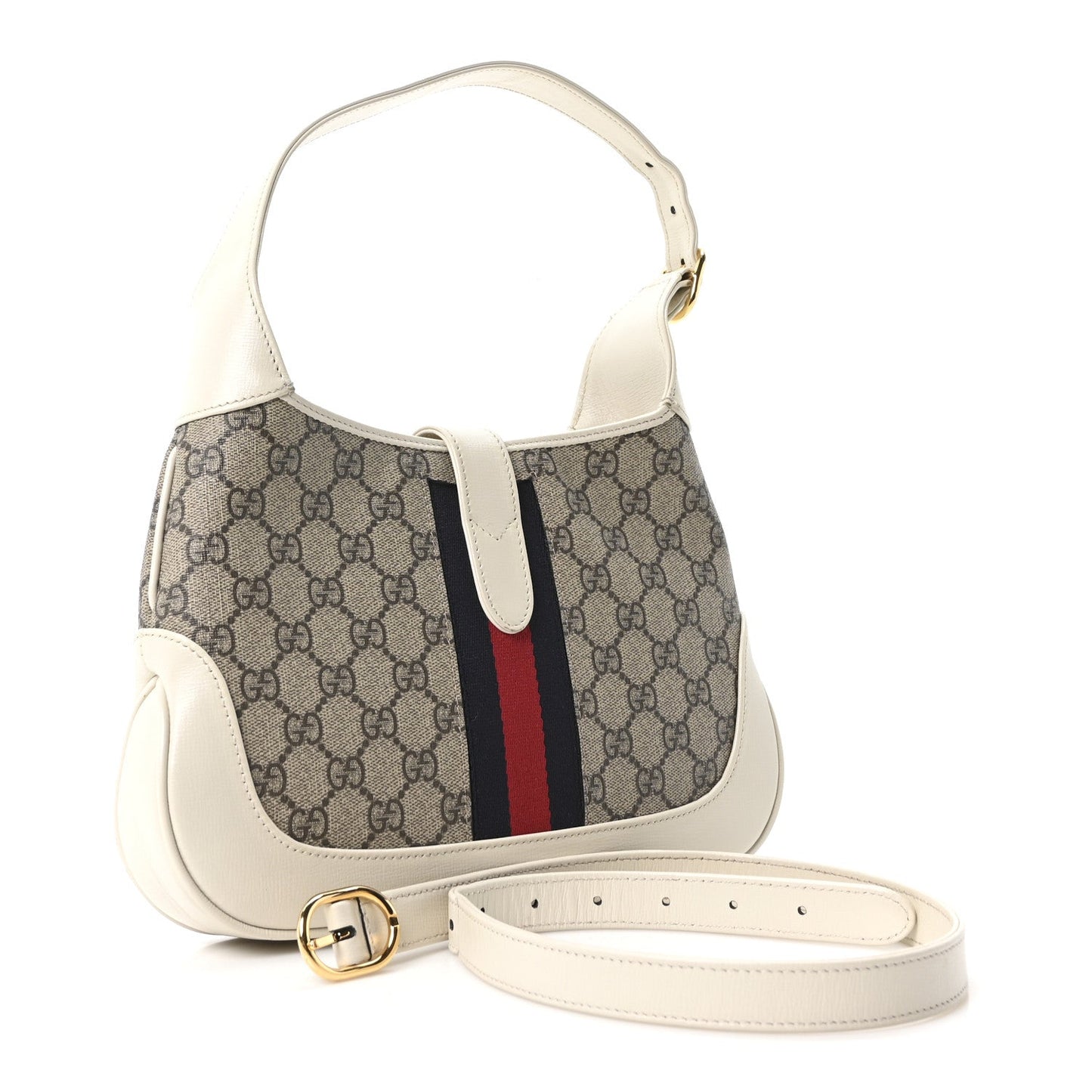 GG Supreme Monogram Azalea Calfskin Web Small Jackie 1961 Hobo Beige Ebony Mystic White