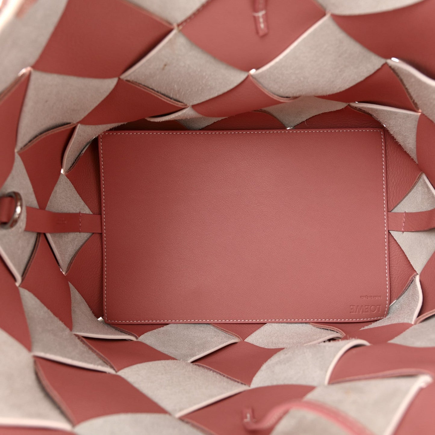 Calfskin Suede Gingham Woven Basket Bag Soft Pink White