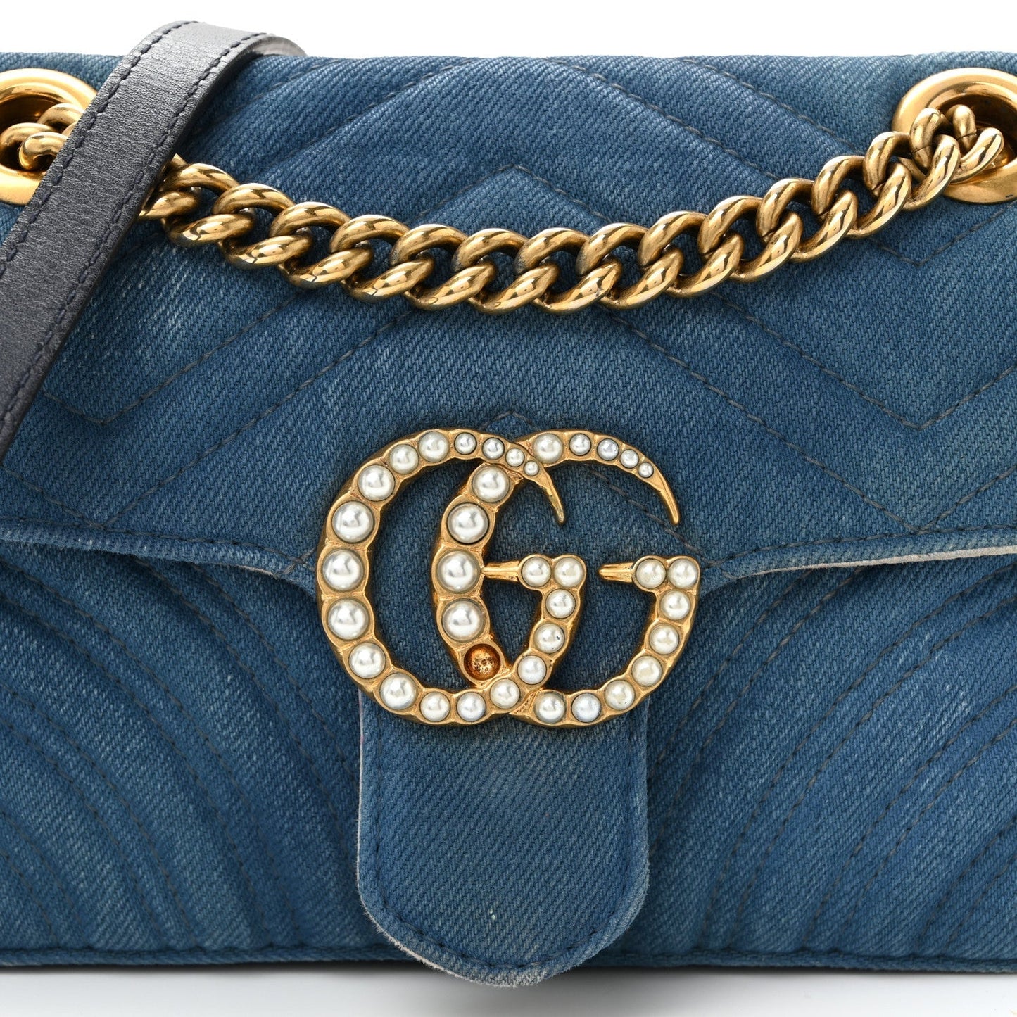 Denim Matelasse Mini Pearly GG Marmont Shoulder Bag Blue