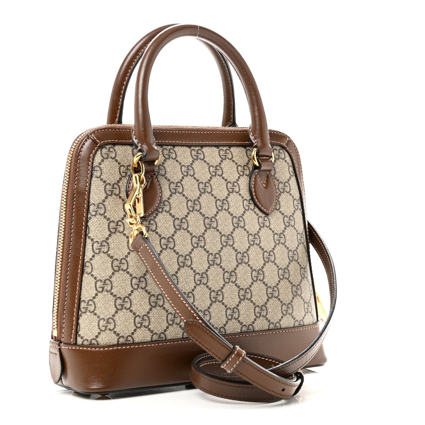 GG Supreme Monogram Azalea Calfskin Small Horsebit 1955 Top Handle Bag Beige Ebony Brown Sugar