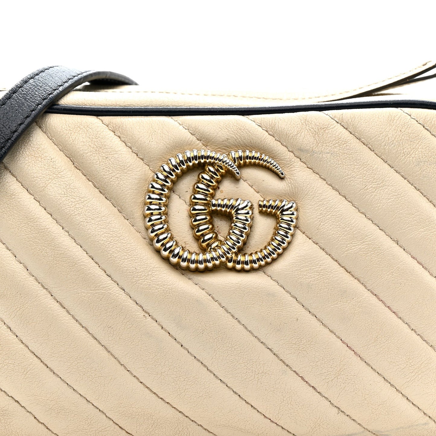 Vintage Effect Calfskin Matelasse Diagonal Small Torchon GG Marmont Chain Shoulder Bag Mystic White Blue Agata