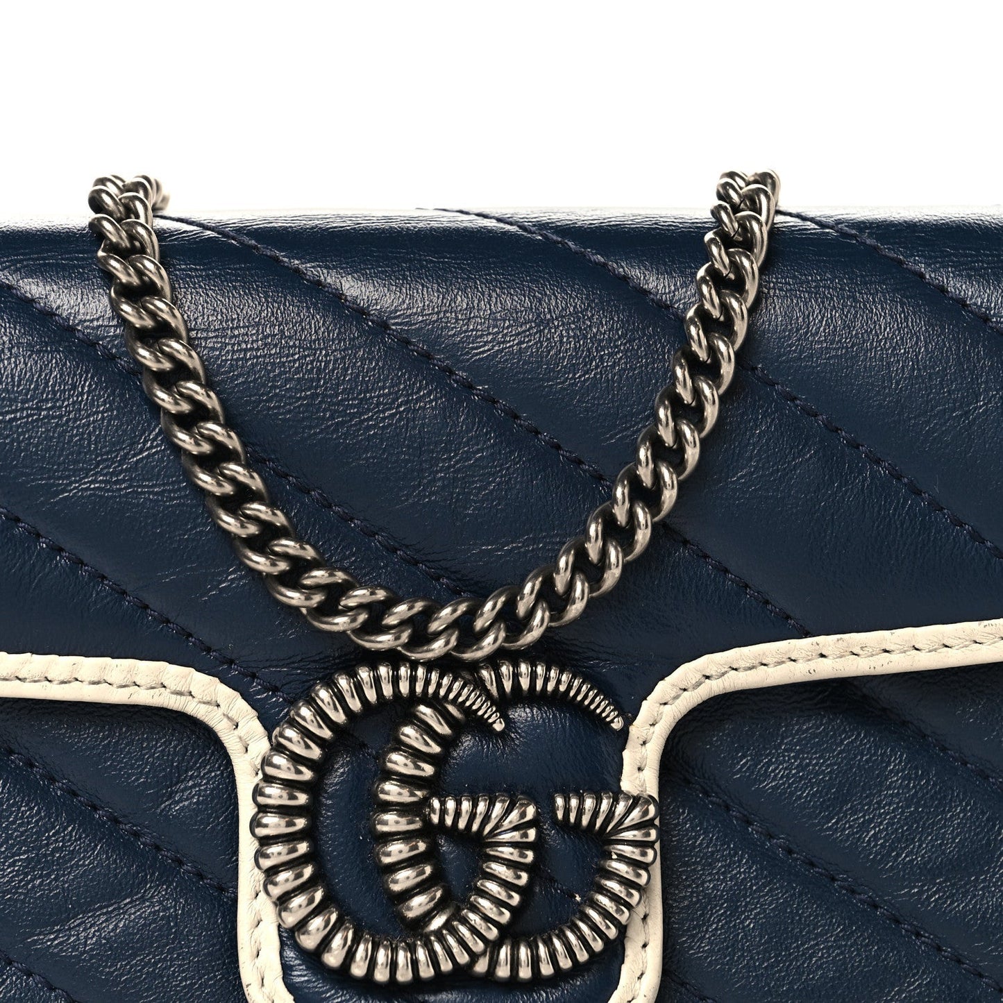 Vintage Effect Calfskin Matelasse Diagonal Super Mini Torchon GG Marmont Shoulder Bag Blue Agata Mystic White