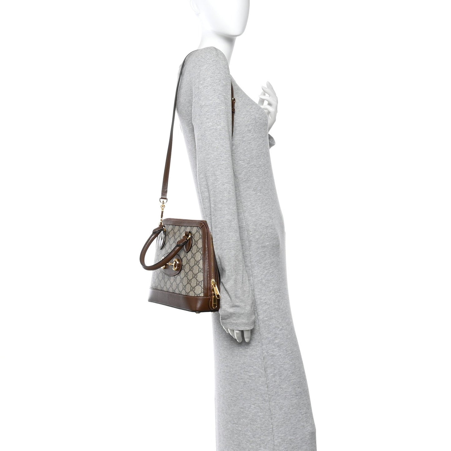 GG Supreme Monogram Azalea Calfskin Small Horsebit 1955 Top Handle Bag Beige Ebony Brown Sugar