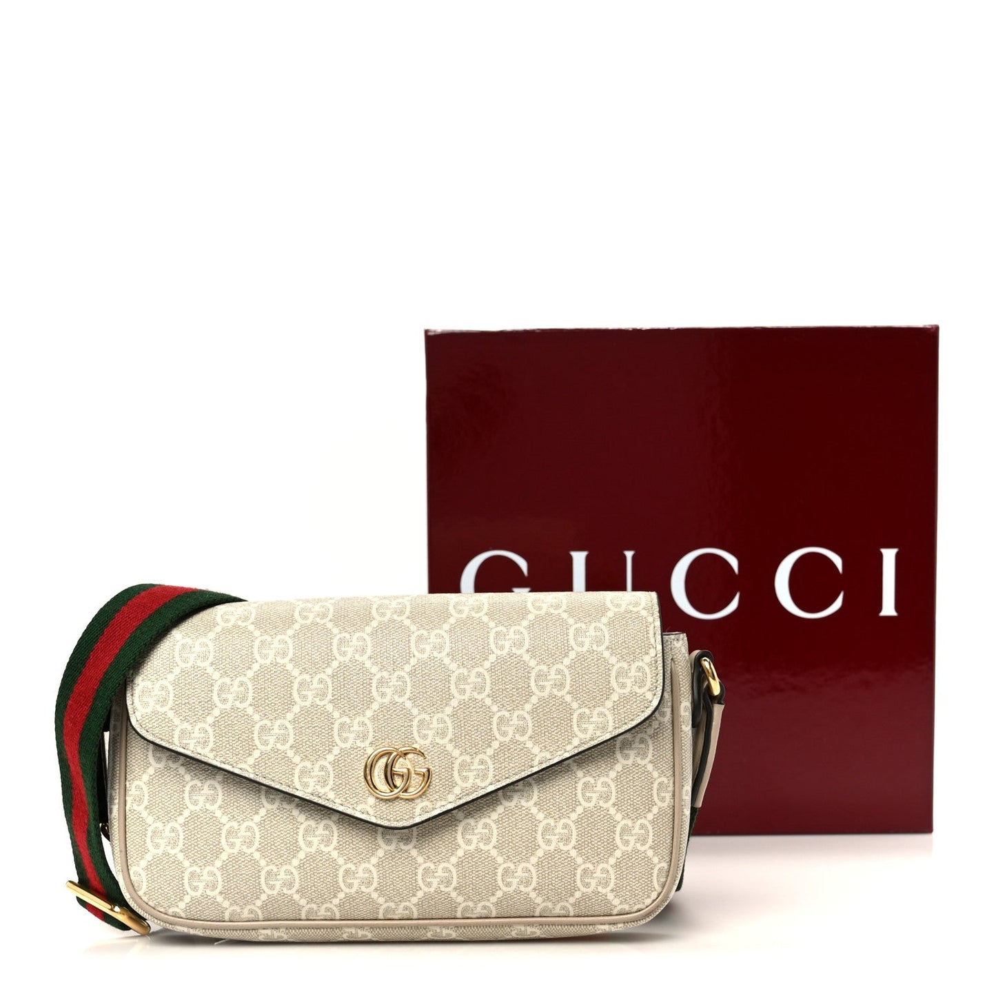 GG Supreme Monogram Textured Dollar Calfskin Web Mini Ophidia Envelope Shoulder Bag Beige Mystic White Oatmeal