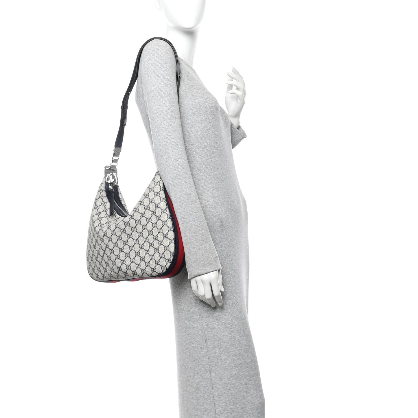 GG Supreme Monogram Textured Calfskin Web Large Attache Shoulder Bag Beige Blue