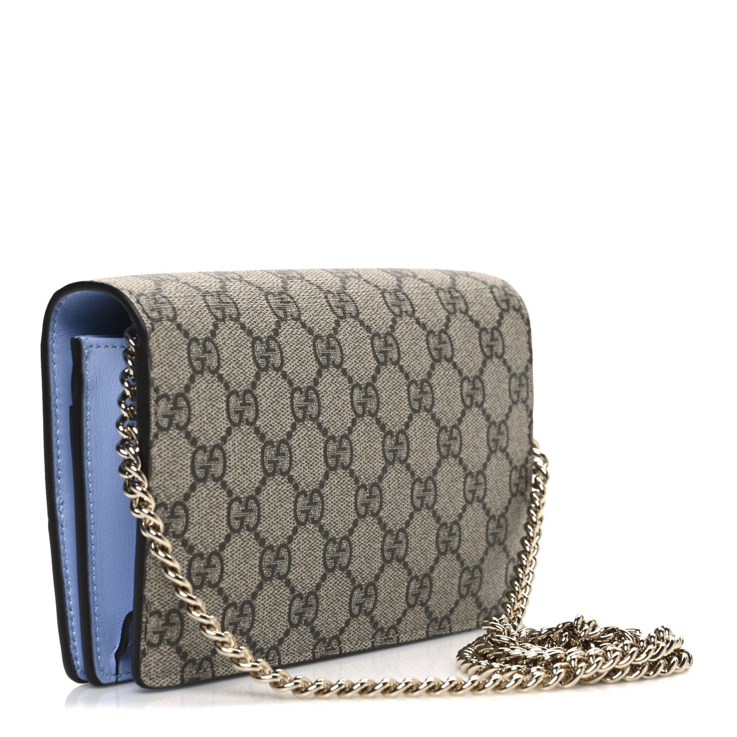 GG Supreme Monogram Textured Dollar Calfskin Mini GG Marmont Chain Wallet Light Pink Blue Beige