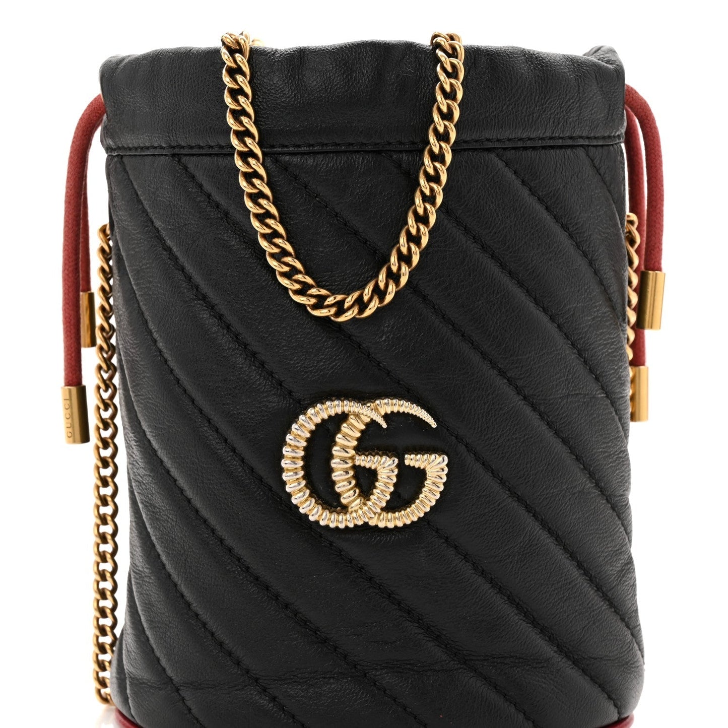 Vintage Effect Calfskin Matelasse Diagonal Mini Torchon GG Marmont 2.0 Bucket Bag Black Romantic Cherry