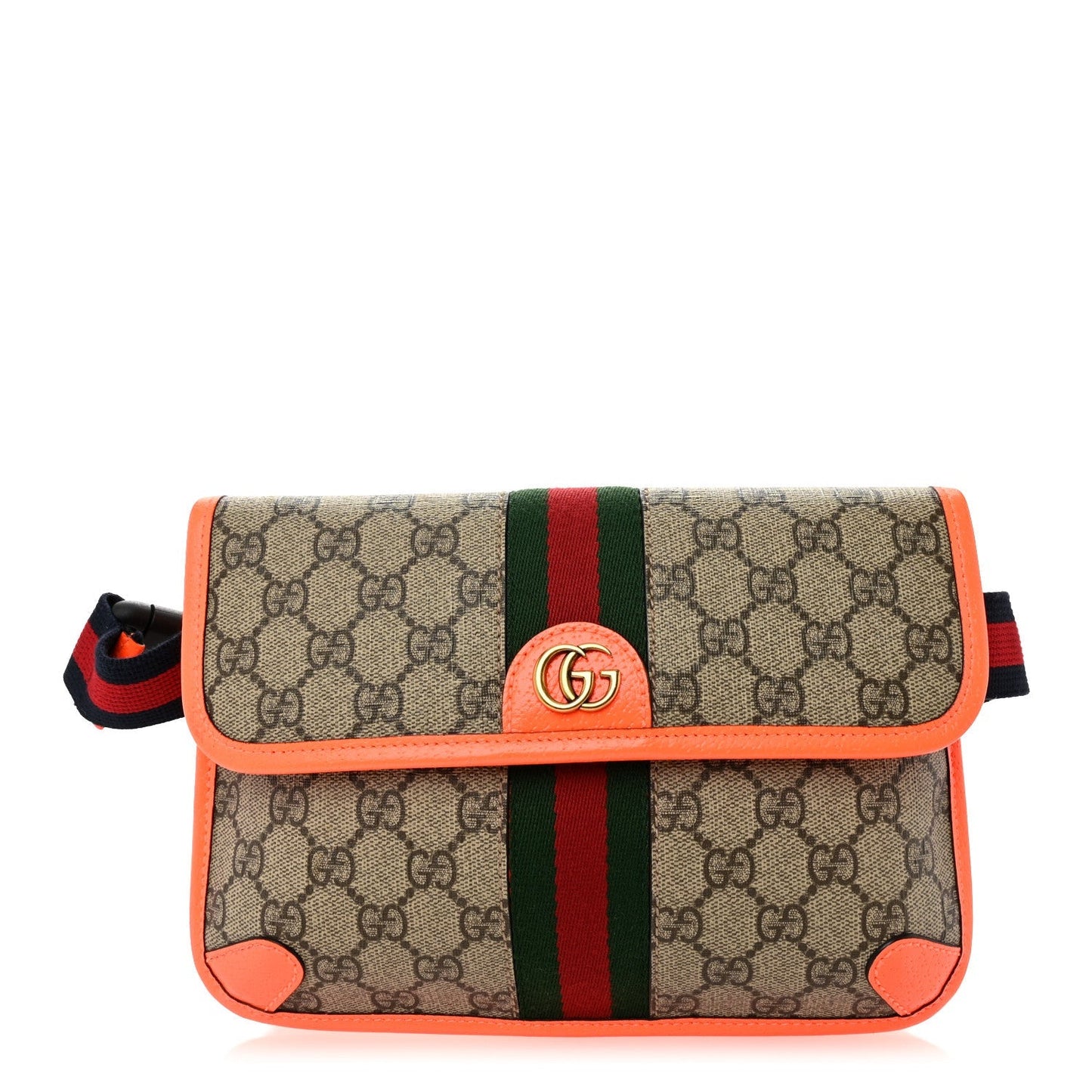 GG Supreme Monogram Web Small Ophidia Belt Bag Beige Ebony Orange Fluo