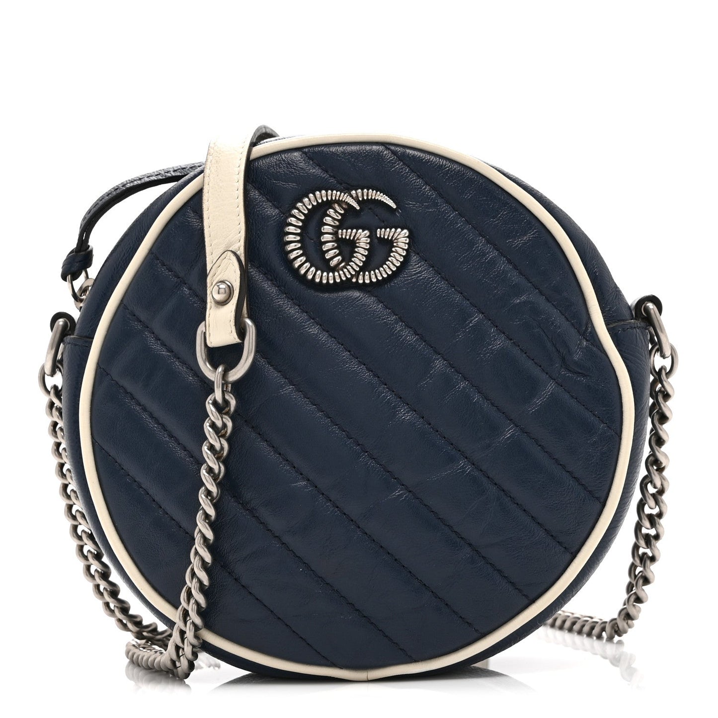 Azalea Calfskin Matelasse Diagonal Mini Torchon GG Marmont Round Shoulder Bag Blue Agata Mystic White