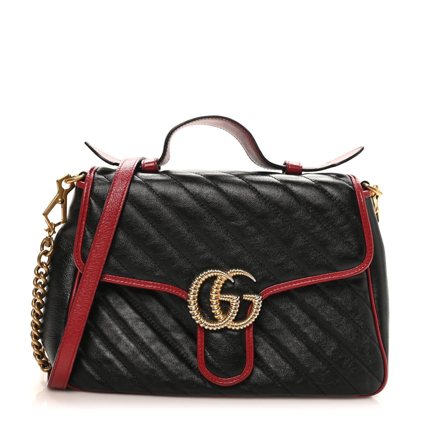 Vintage Effect Calfskin Matelasse Diagonal Small Torchon GG Marmont Top Handle Shoulder Bag Black Romantic Cherry