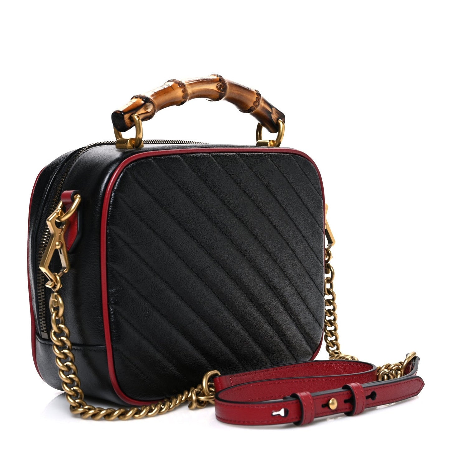 Vintage Effect Calfskin Matelasse Diagonal Small Torchon GG Marmont Bamboo Top Handle Shoulder Bag Black Romantic Cherry