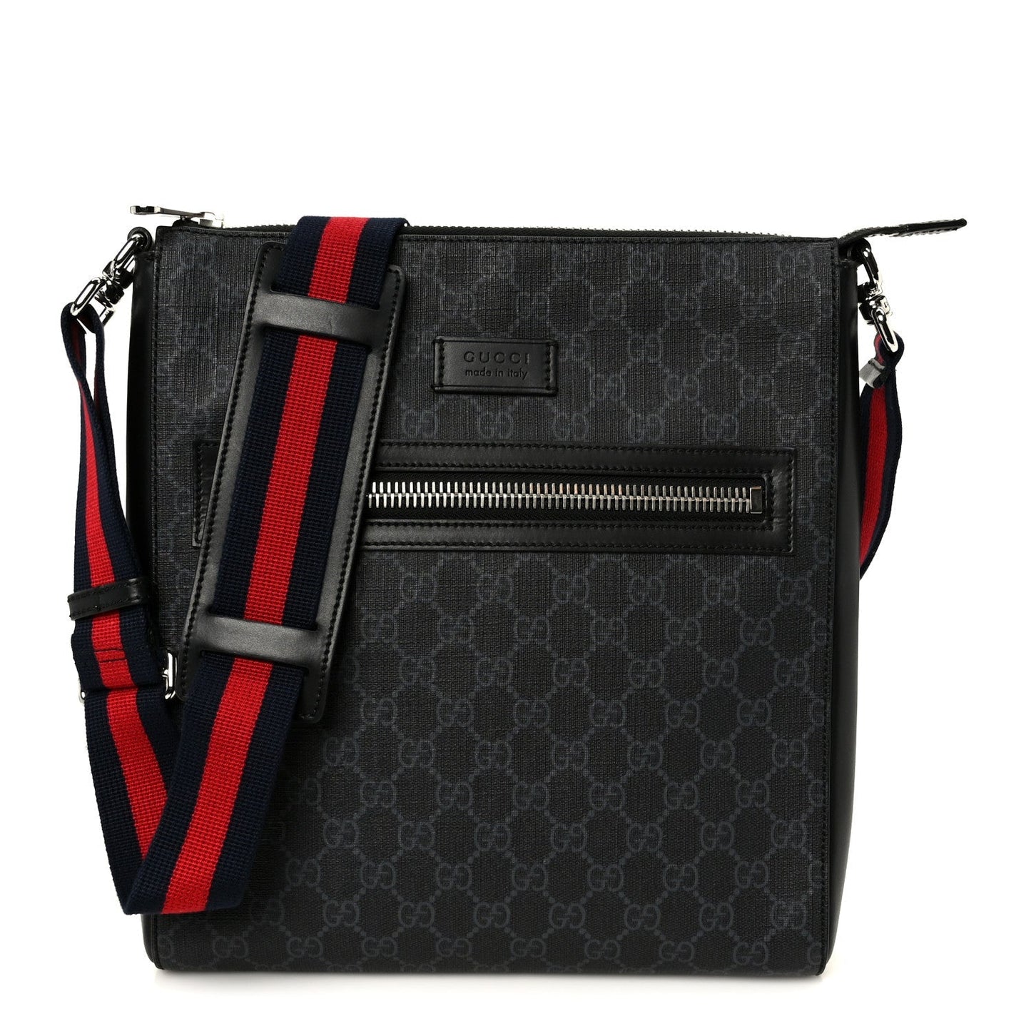GG Supreme Monogram Appia Calfskin Web Flat Messenger Bag Black Grey