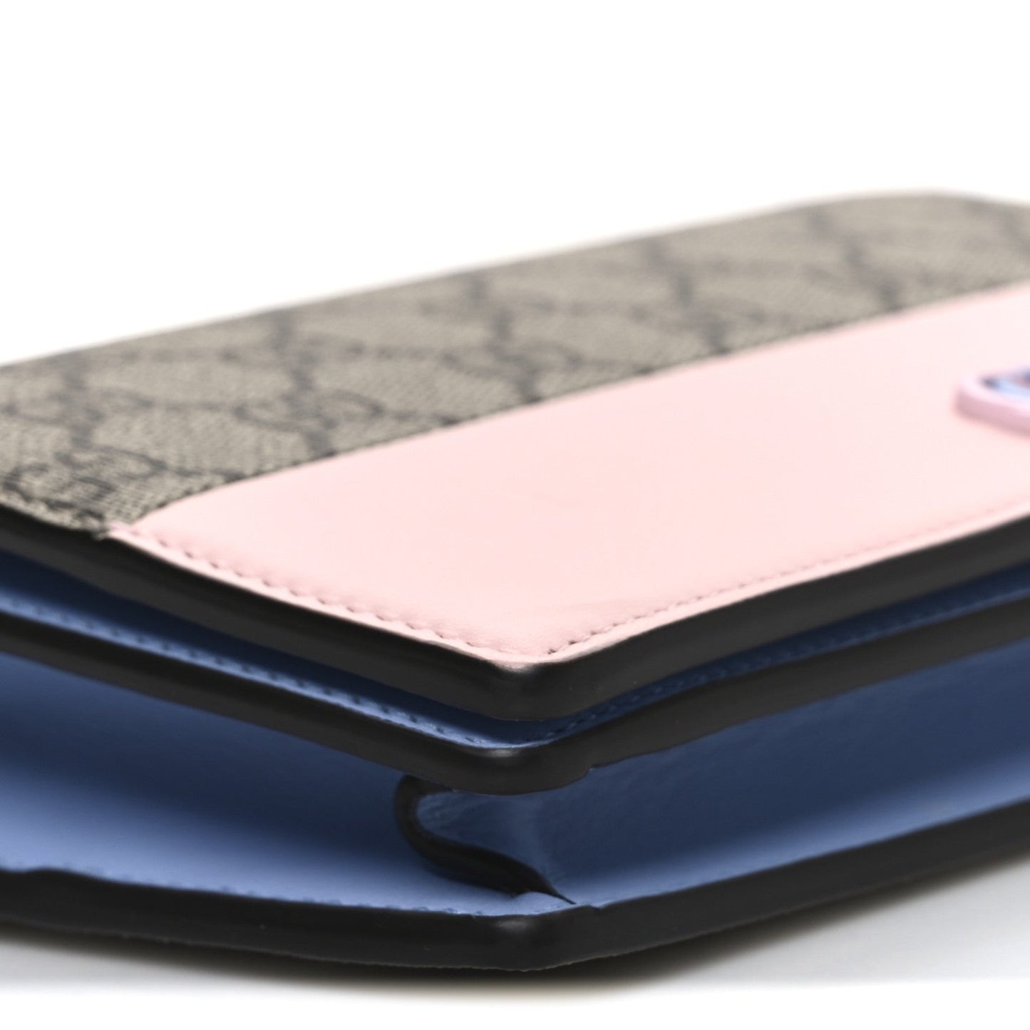 GG Supreme Monogram Textured Dollar Calfskin Mini GG Marmont Chain Wallet Light Pink Blue Beige
