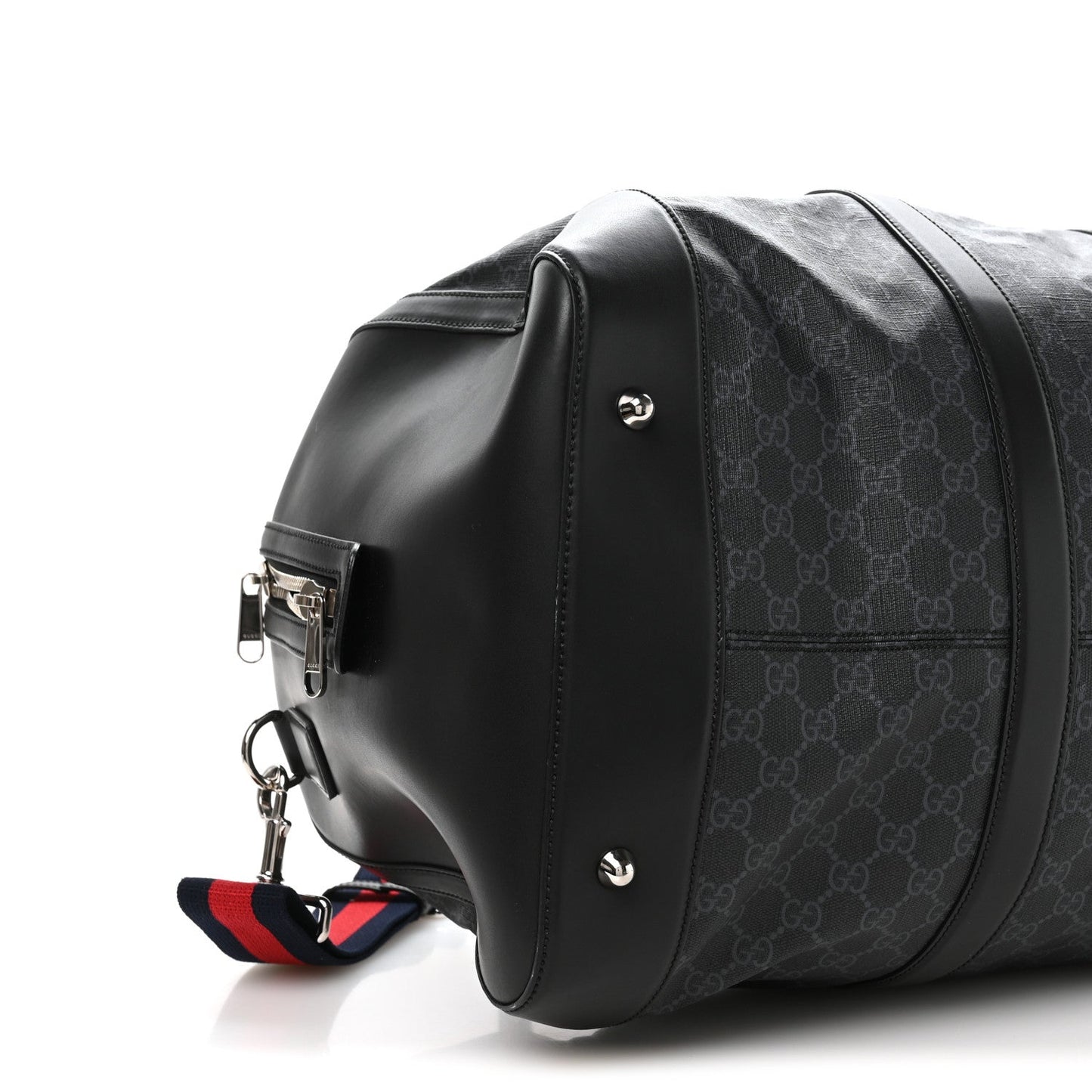 Soft GG Supreme Monogram Appia Calfskin Web Large Carry On Duffle Bag Black Grey