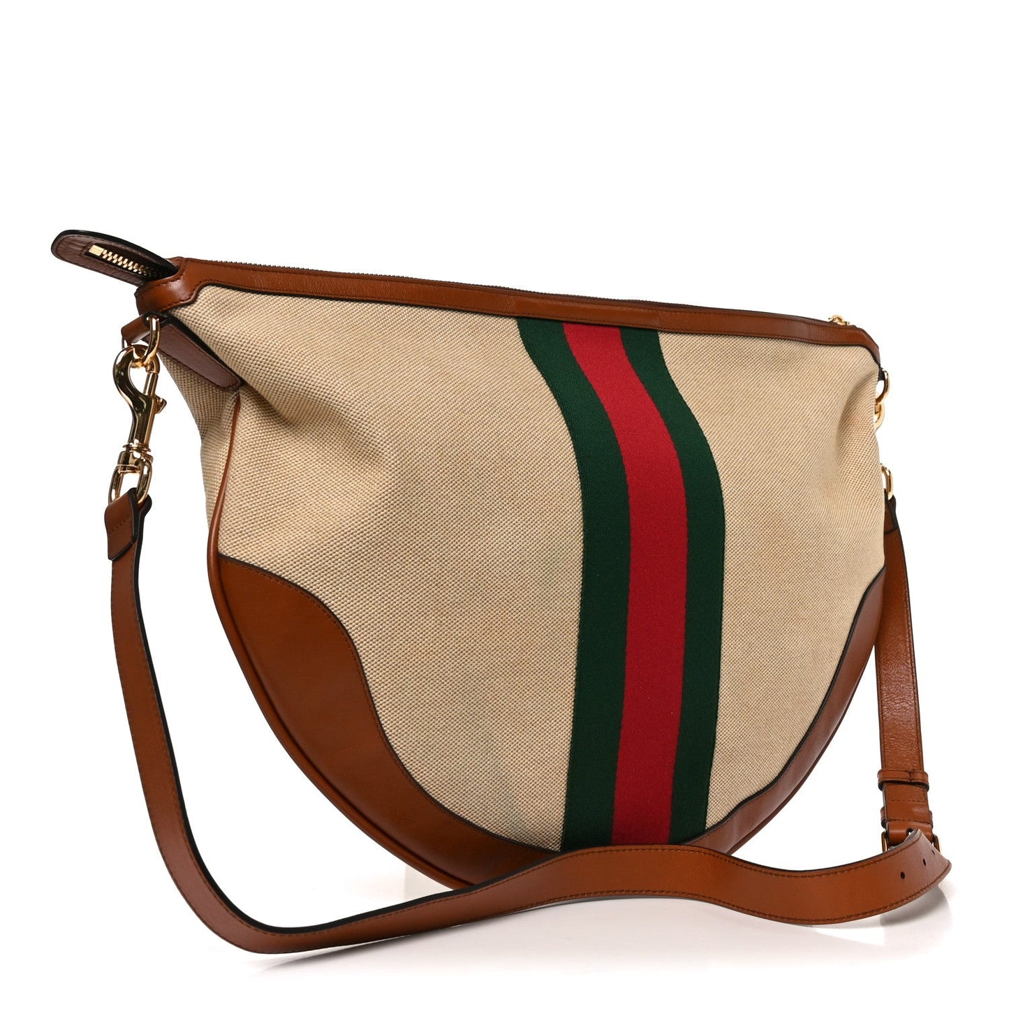 Vintage Canvas Calfskin Web Large Ophidia Half Moon Hobo Sand Light Cuir