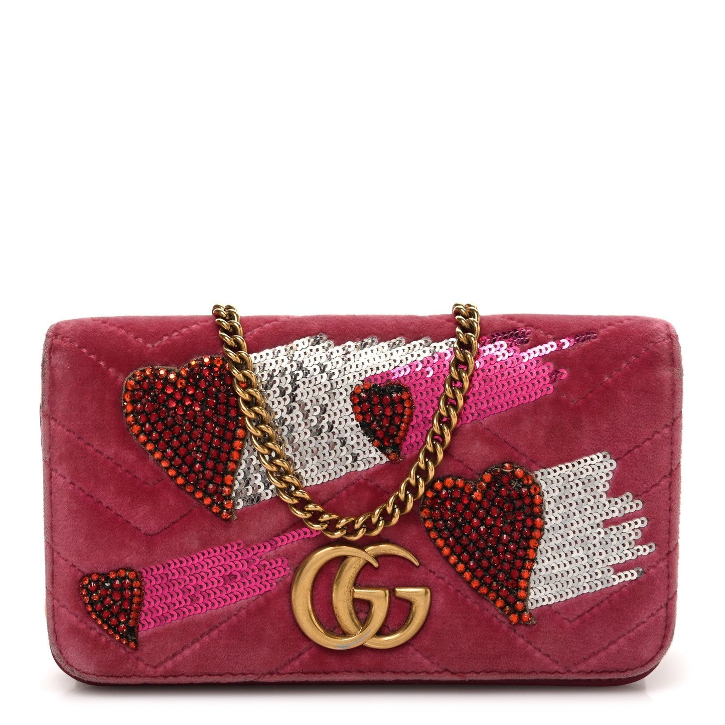 Velvet Matelasse Crystal Sequin Heart Embroidered GG Marmont Mini Bag Light Raspberry Rose