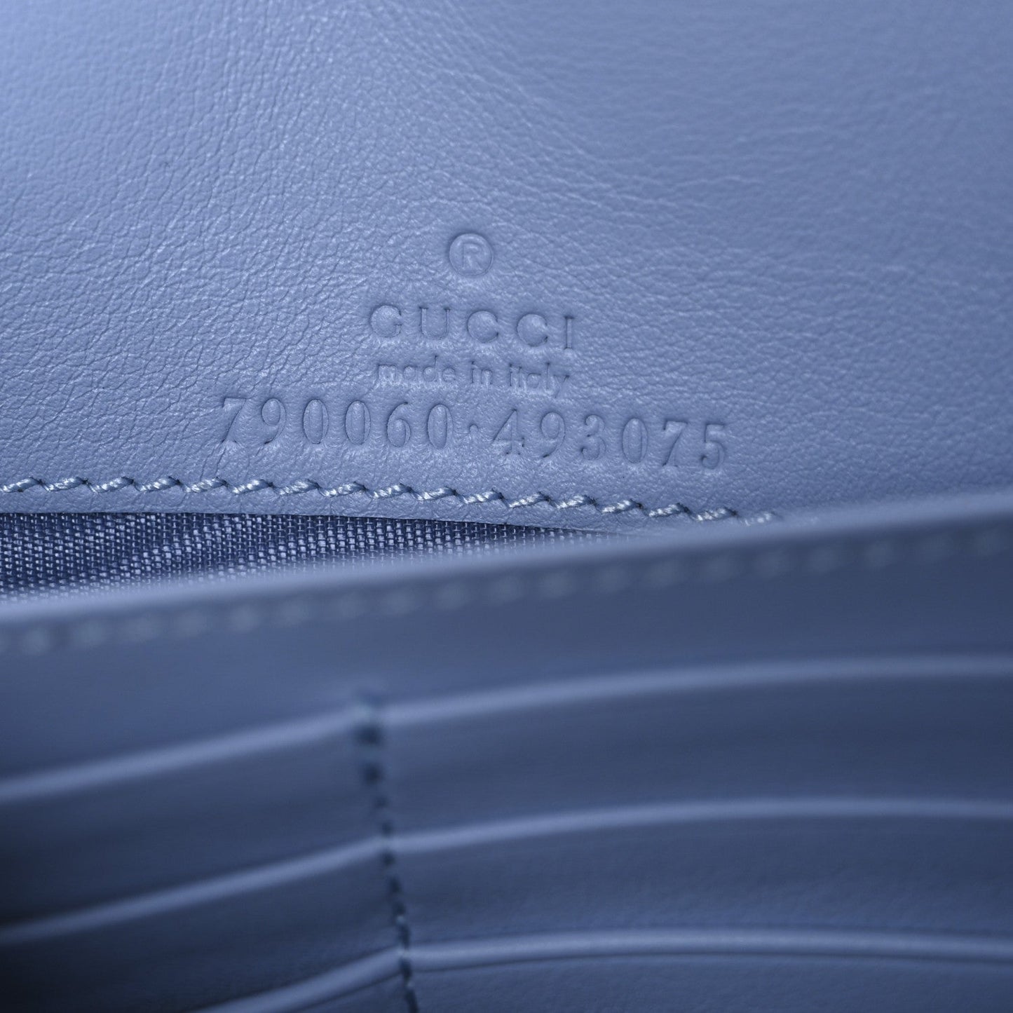 GG Supreme Monogram Textured Dollar Calfskin Mini GG Marmont Chain Wallet Light Pink Blue Beige