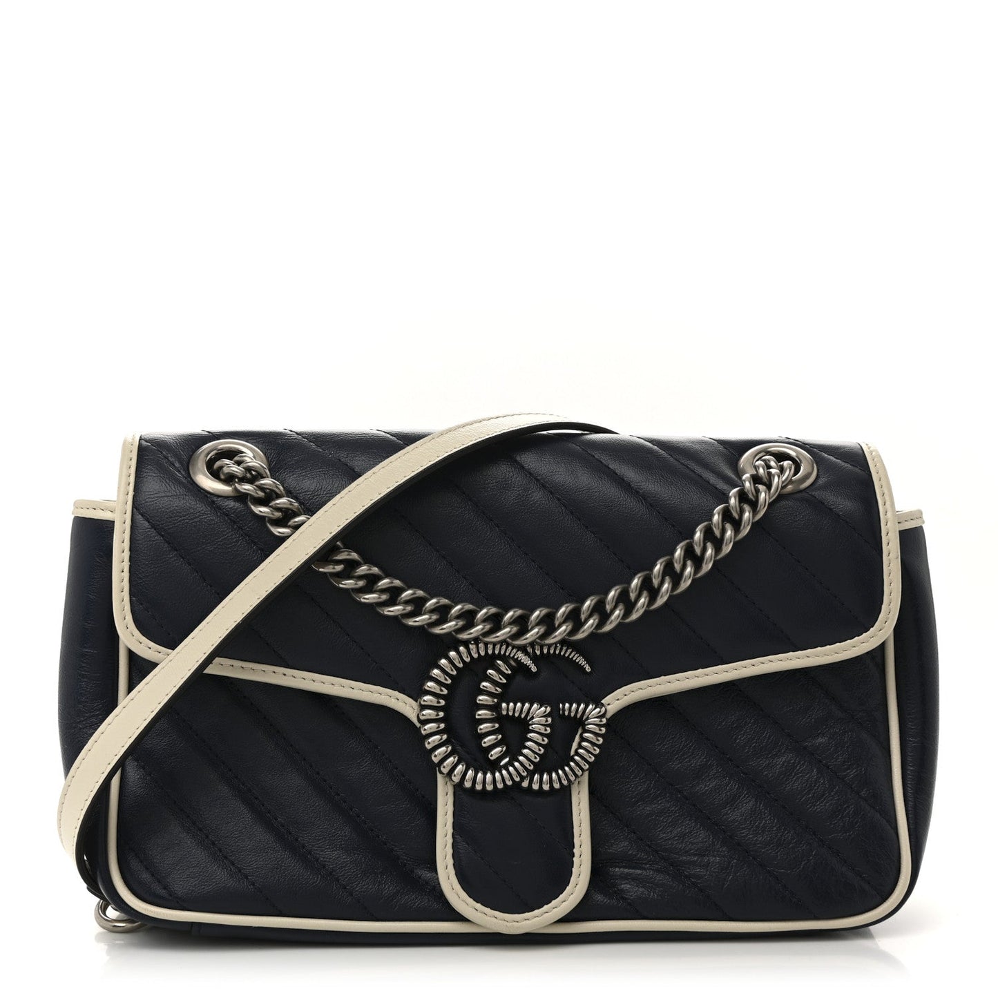 Vintage Effect Calfskin Matelasse Diagonal Small Torchon GG Marmont Shoulder Bag Blue Agata Mystic White