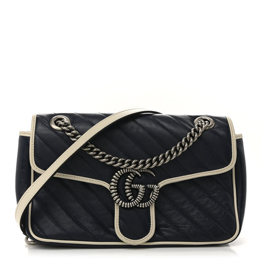 Vintage Effect Calfskin Matelasse Diagonal Small Torchon GG Marmont Shoulder Bag Blue Agata Mystic White