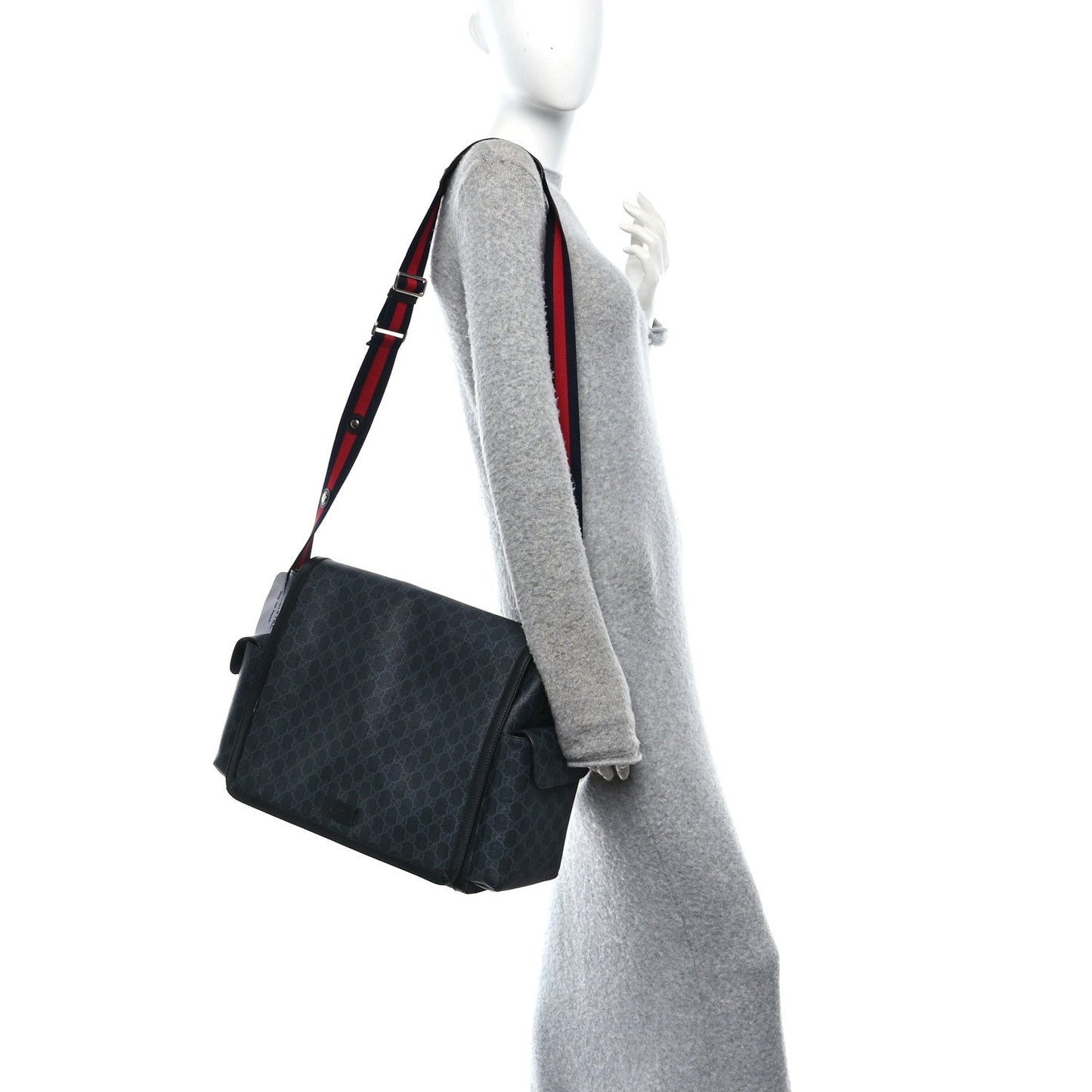 GG Supreme Monogram Web Messenger Diaper Bag Black Grey