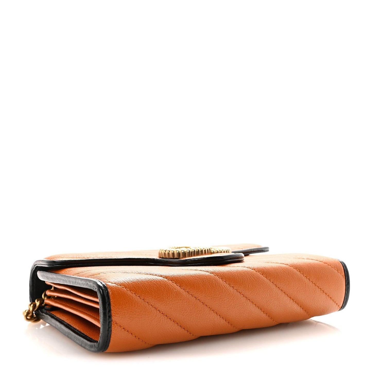 Vintage Effect Calfskin Matelasse Diagonal Torchon GG Marmont Chain Wallet Cognac