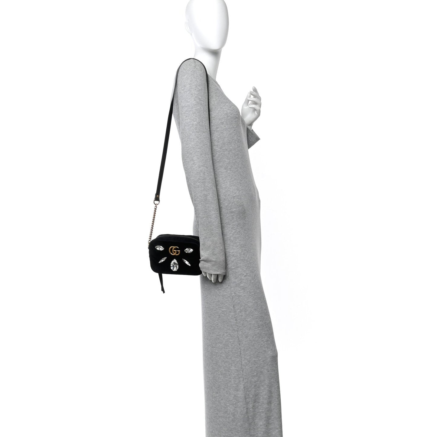Velvet Matelasse Marquise Crystals Mini GG Marmont Chain Shoulder Bag Black