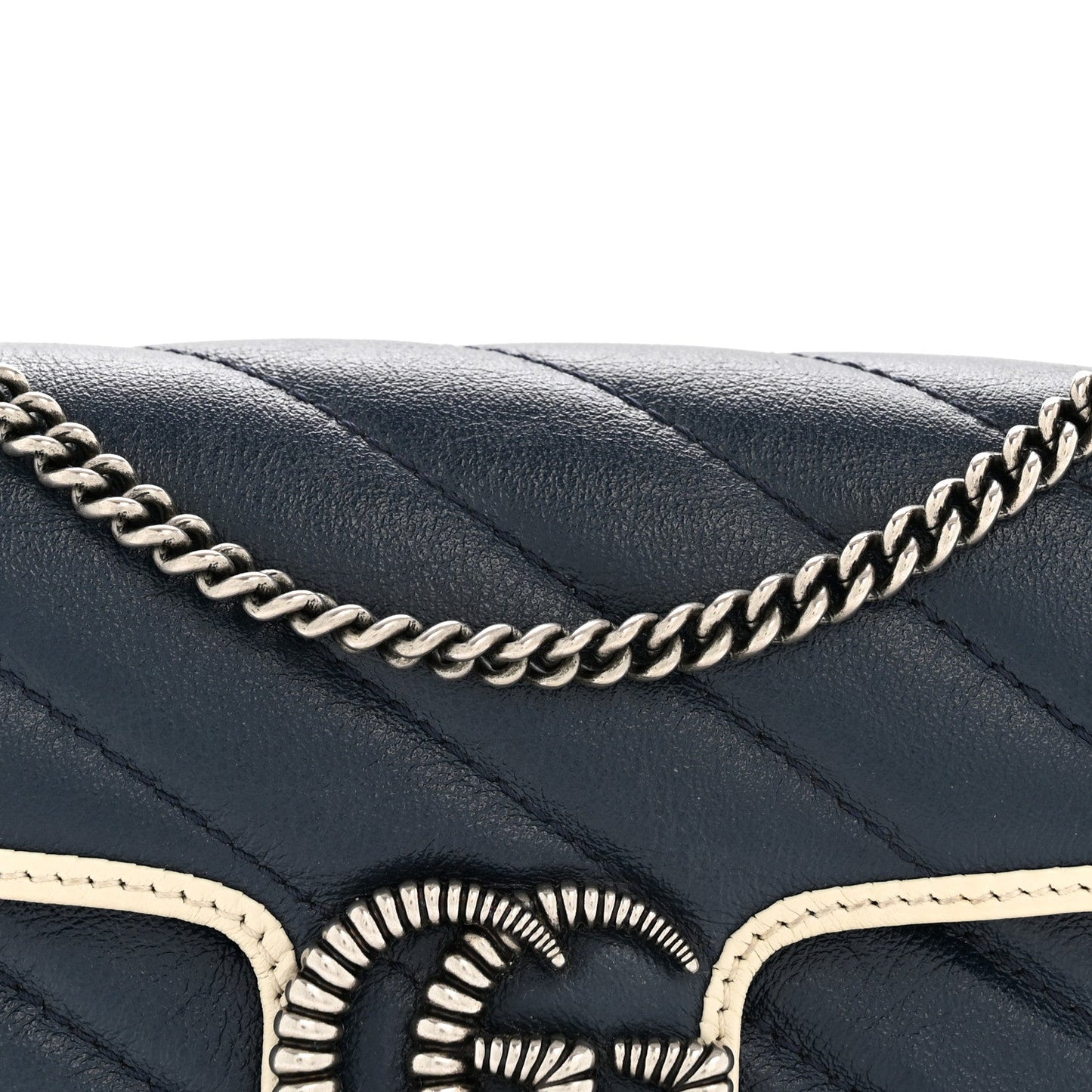 Vintage Effect Calfskin Matelasse Diagonal Super Mini Torchon GG Marmont Shoulder Bag Blue Agata Mystic White