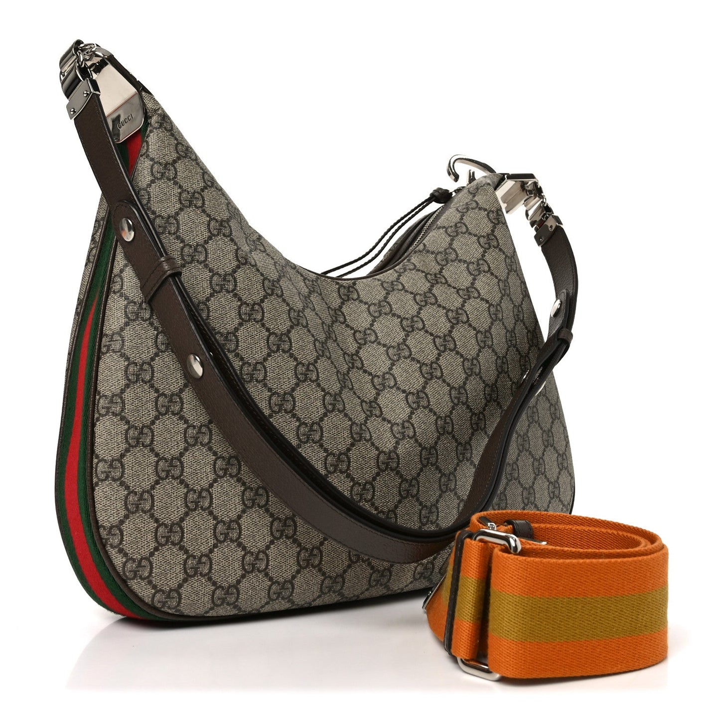 GG Supreme Monogram Textured Calfskin Web Large Attache Shoulder Bag Beige Ebony New Acero
