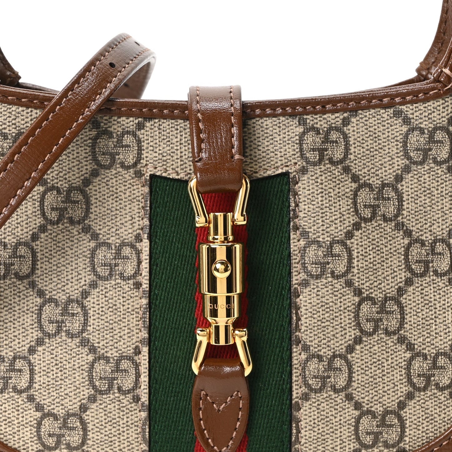 GG Supreme Monogram Azalea Calfskin Web Mini Jackie 1961 Hobo Beige Ebony Brown Sugar