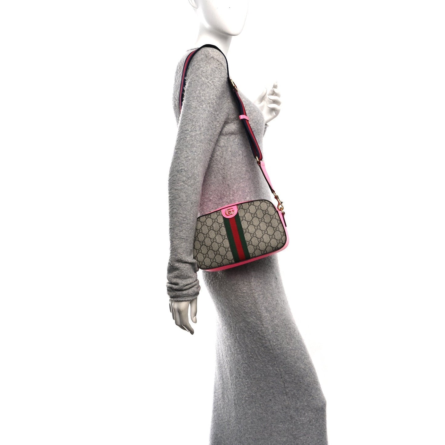 GG Supreme Monogram Textured Dollar Calfskin Web Ophidia Small Crossbody Bag Beige Ebony Fuchsia