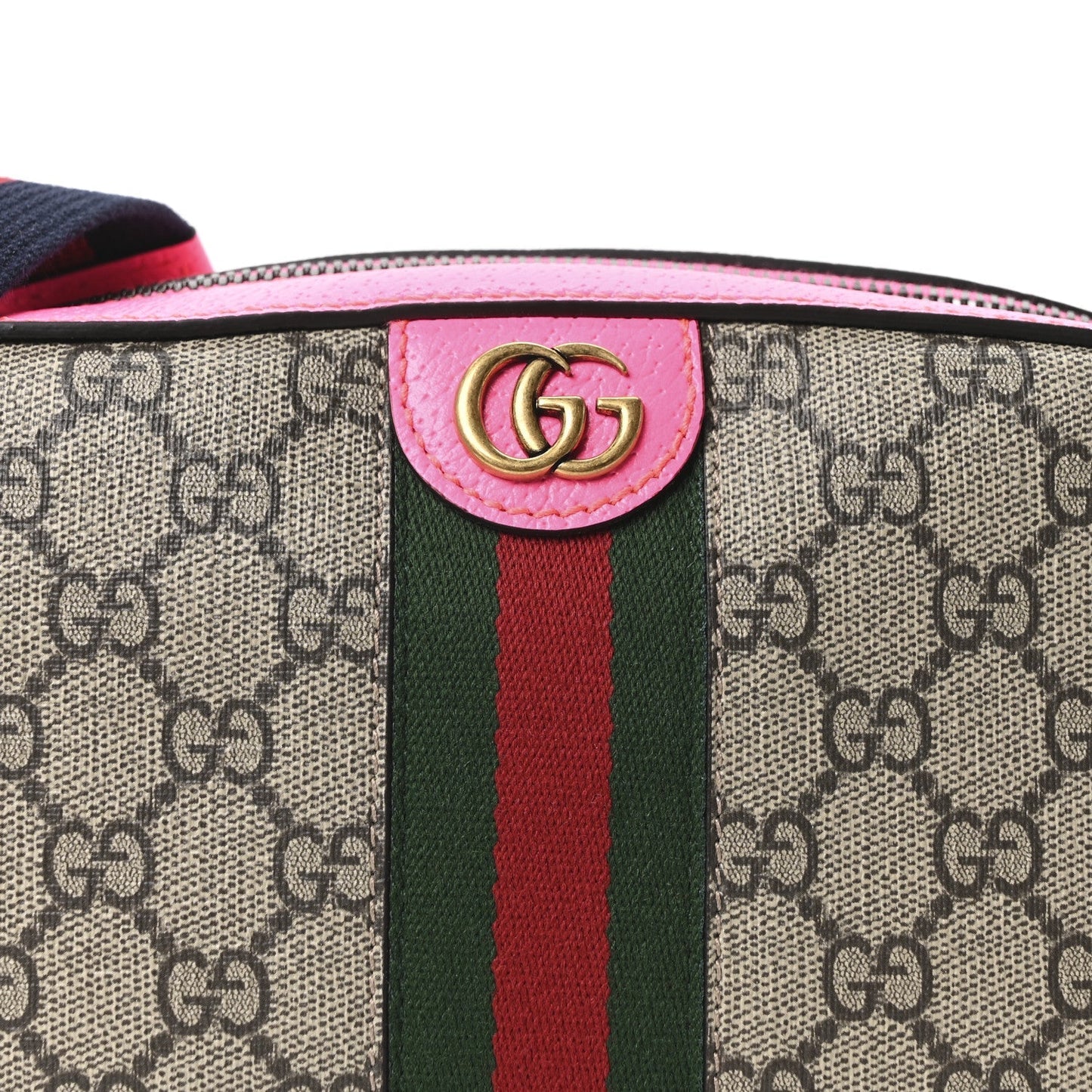 GG Supreme Monogram Textured Dollar Calfskin Web Ophidia Small Crossbody Bag Beige Ebony Fuchsia