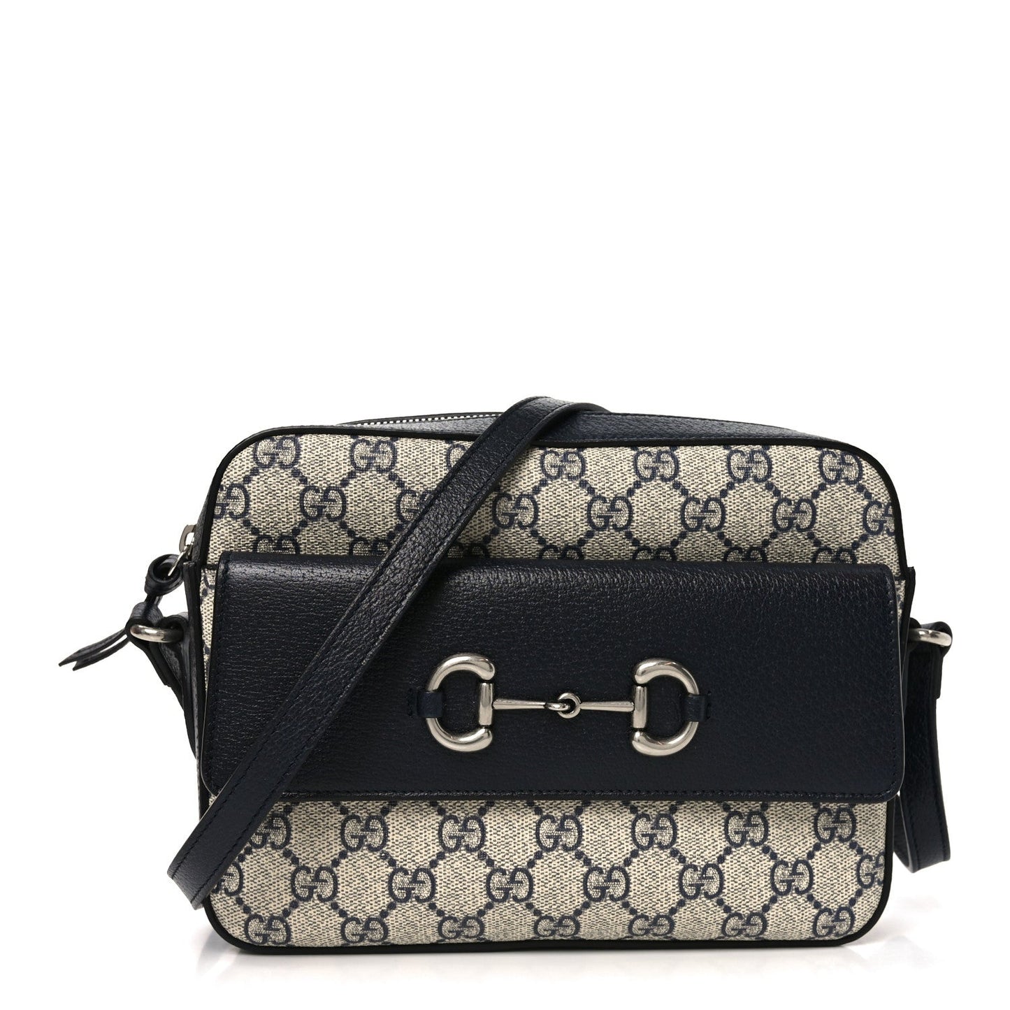 GG Supreme Monogram Textured Dollar Calfskin Small Horsebit 1955 Shoulder Bag Beige Blue