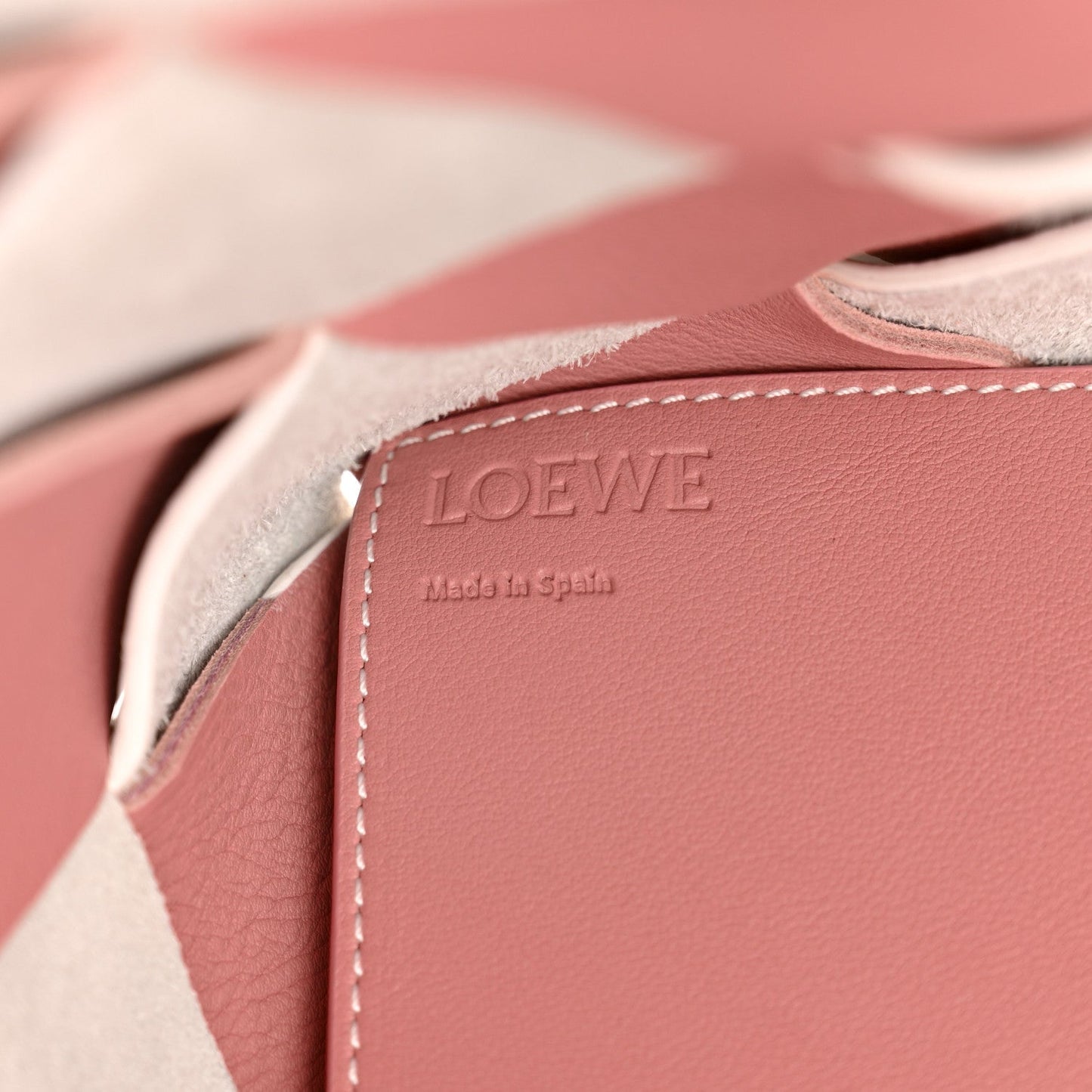 Calfskin Suede Gingham Woven Basket Bag Soft Pink White