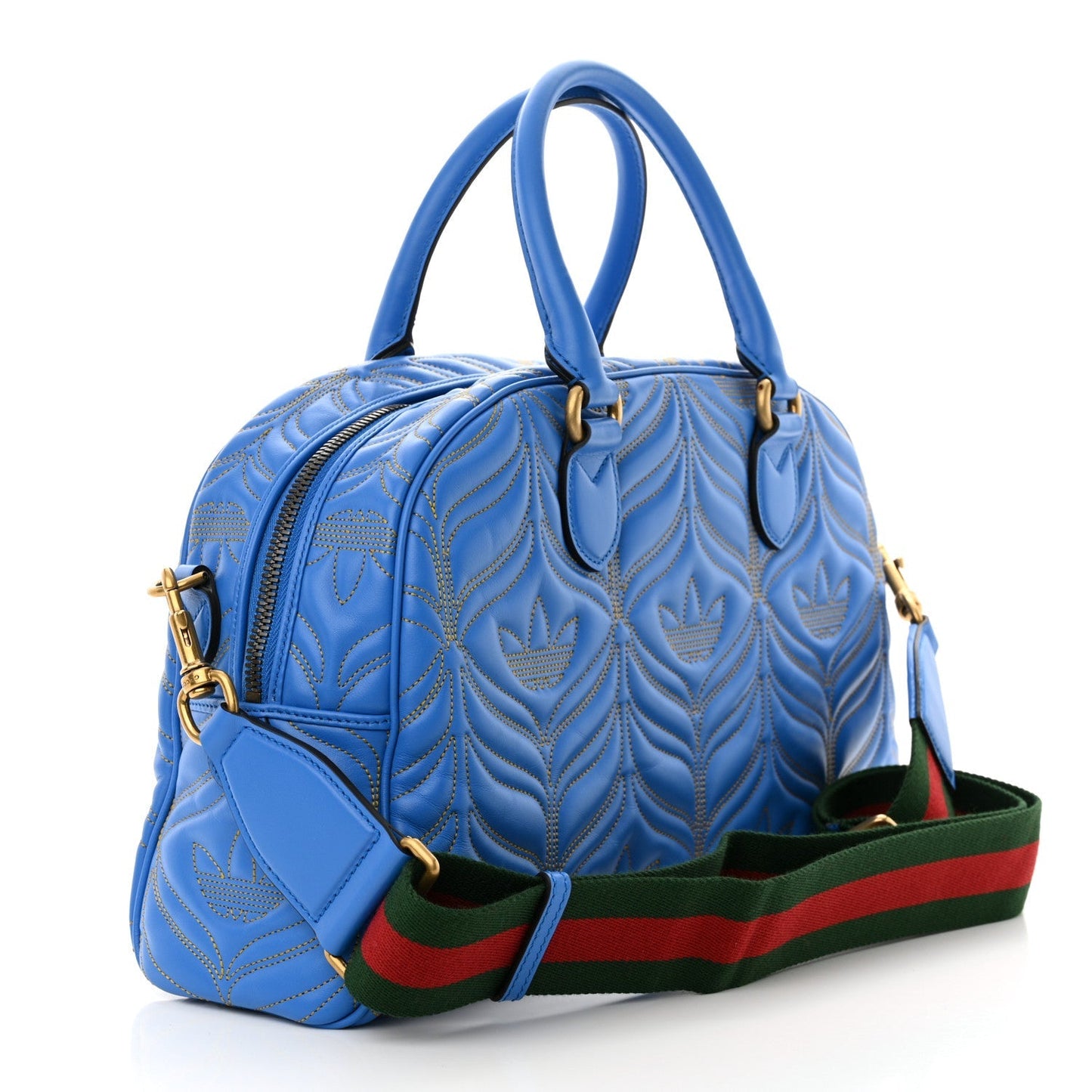 X ADIDAS Calfskin Trefoil Web GG Marmont Medium Duffle Bag Blue