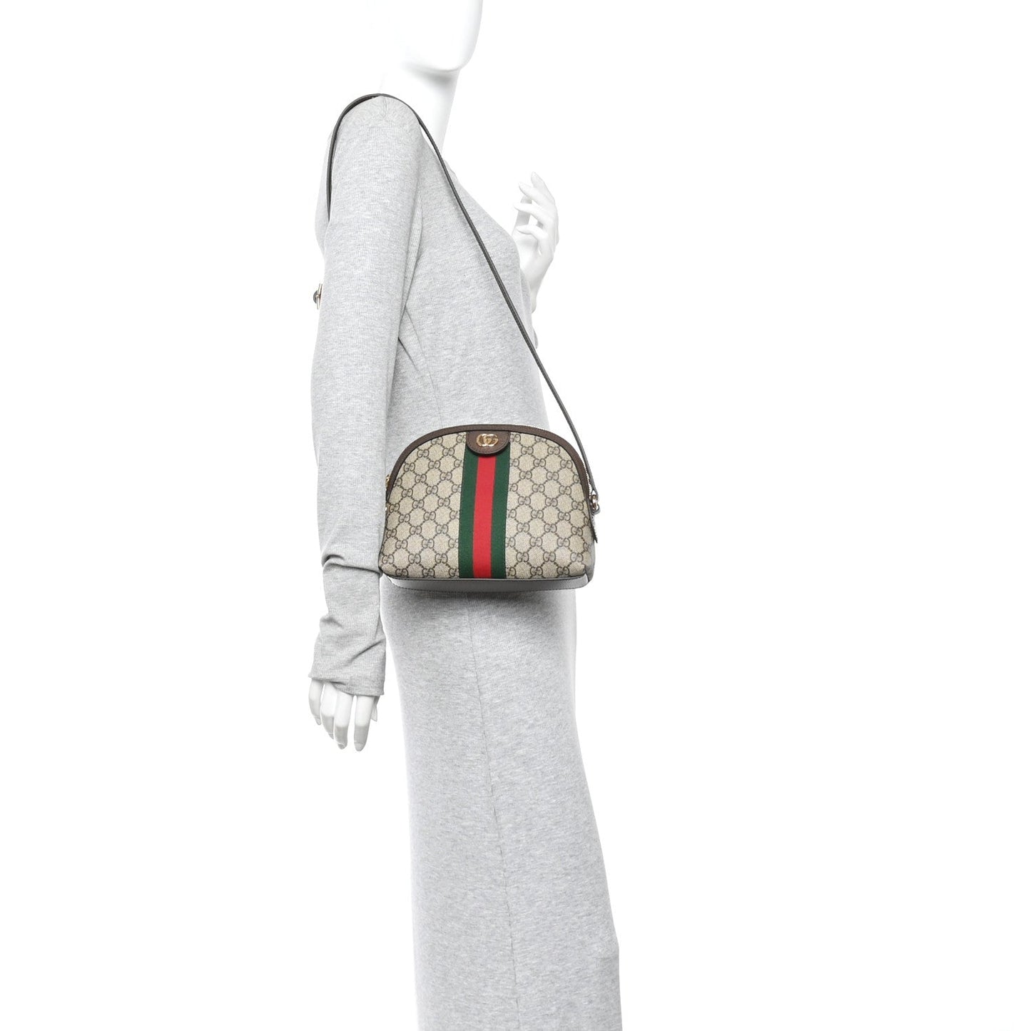 GG Supreme Monogram Textured Dollar Calfskin Web Small Ophidia Dome Shoulder Bag Beige Ebony New Acero