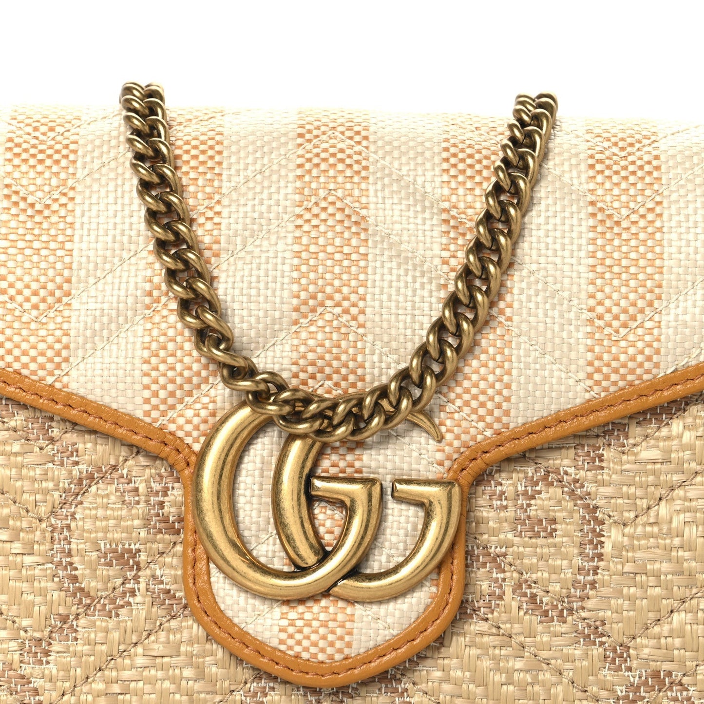Raffia GG Monogram Matelasse GG Marmont Chain Wallet Natural Beige Off White Sun Oil