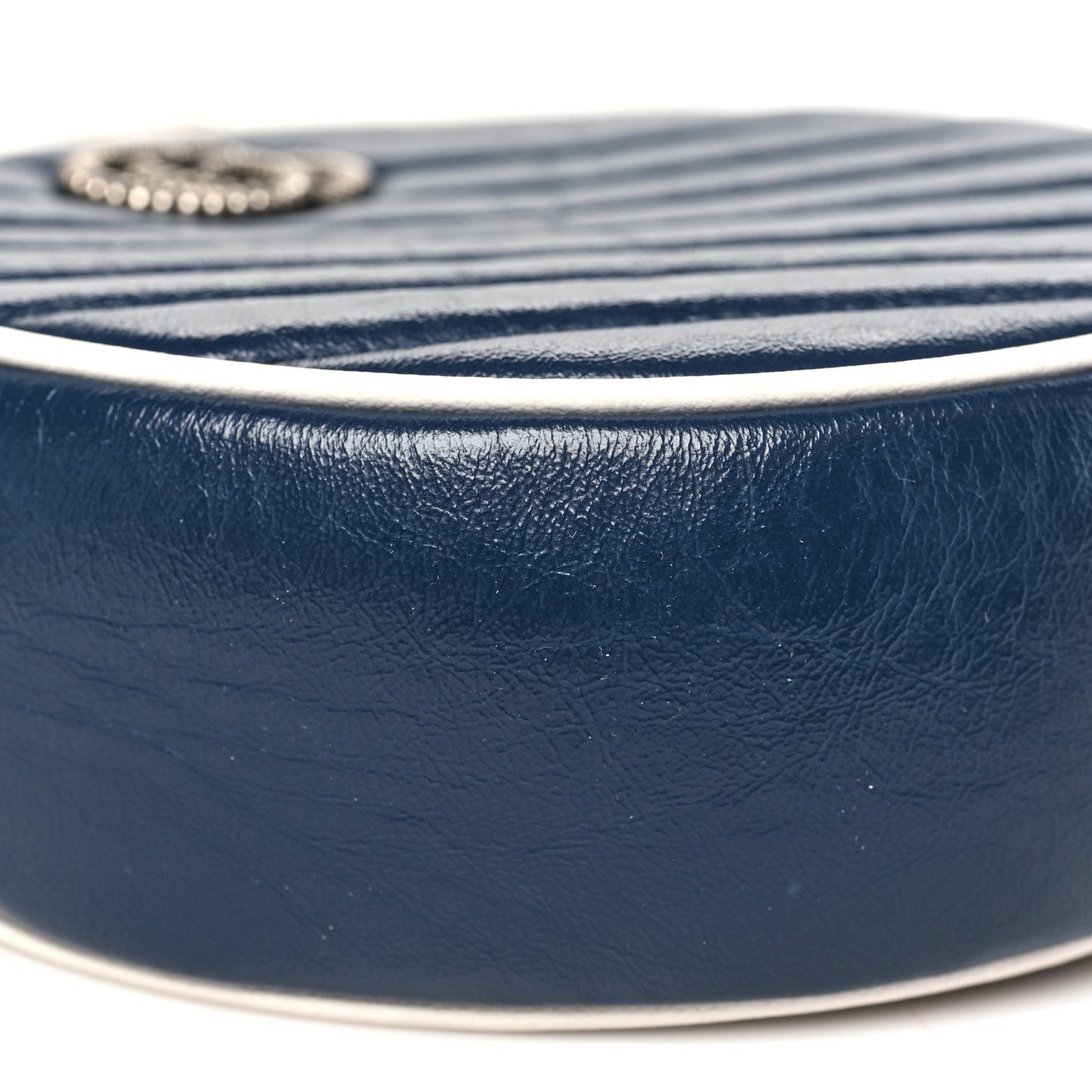 Azalea Calfskin Matelasse Diagonal Mini Torchon GG Marmont Round Shoulder Bag Blue Agata Mystic White