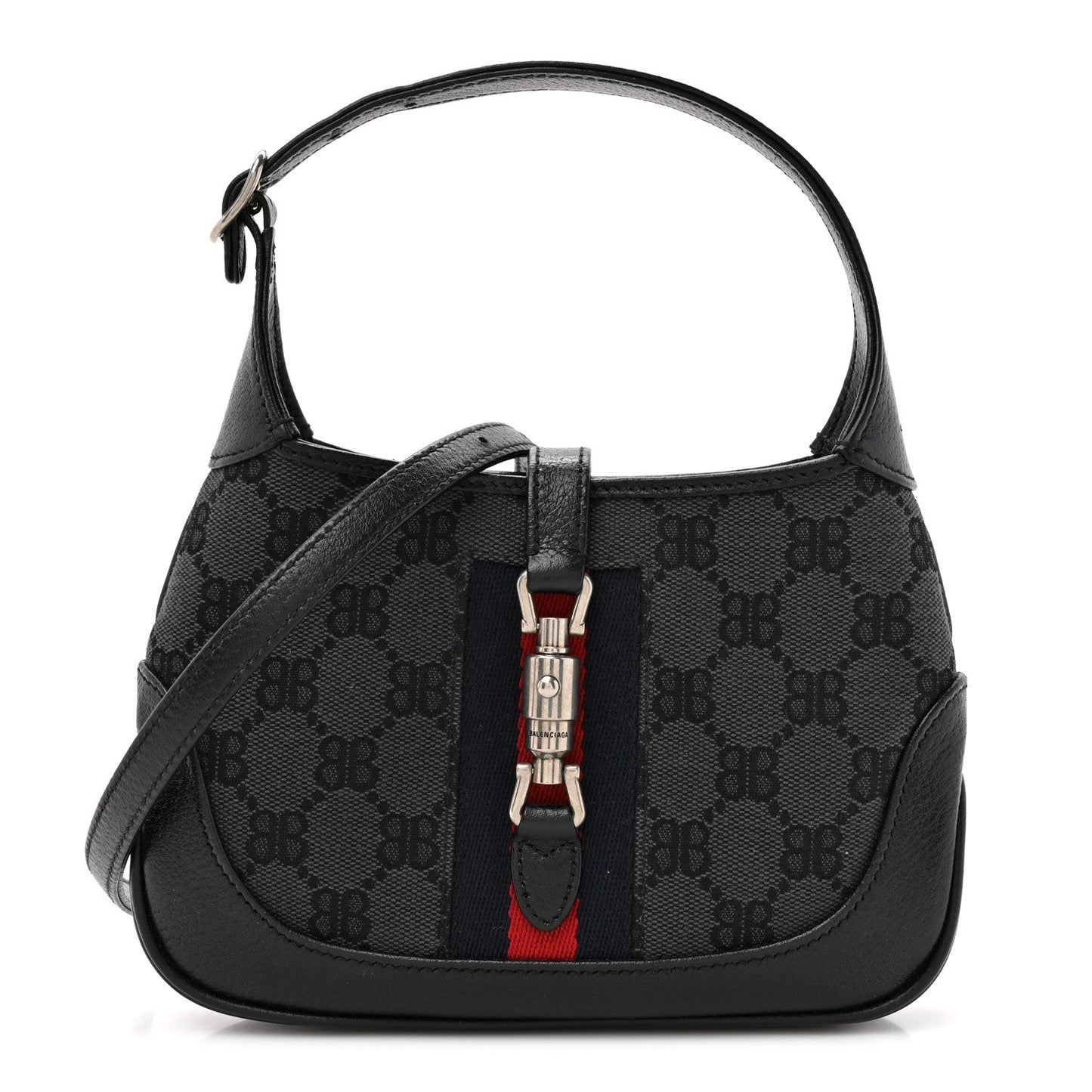 X BALENCIAGA BB Monogram Calfskin Web Mini Jackie 1961 Hobo Black