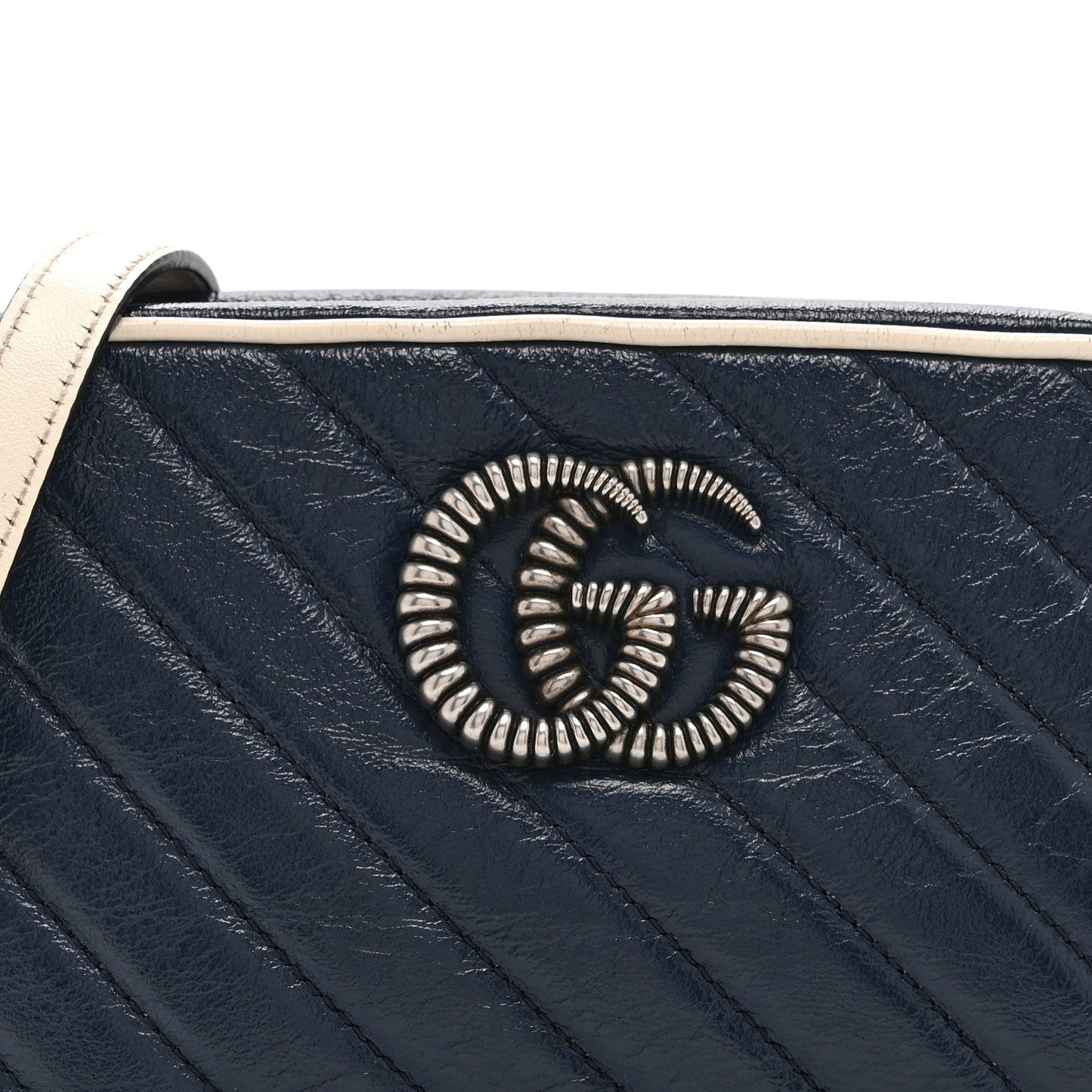 Vintage Effect Calfskin Matelasse Diagonal Small Torchon GG Marmont Chain Shoulder Bag Blue Agata Mystic White