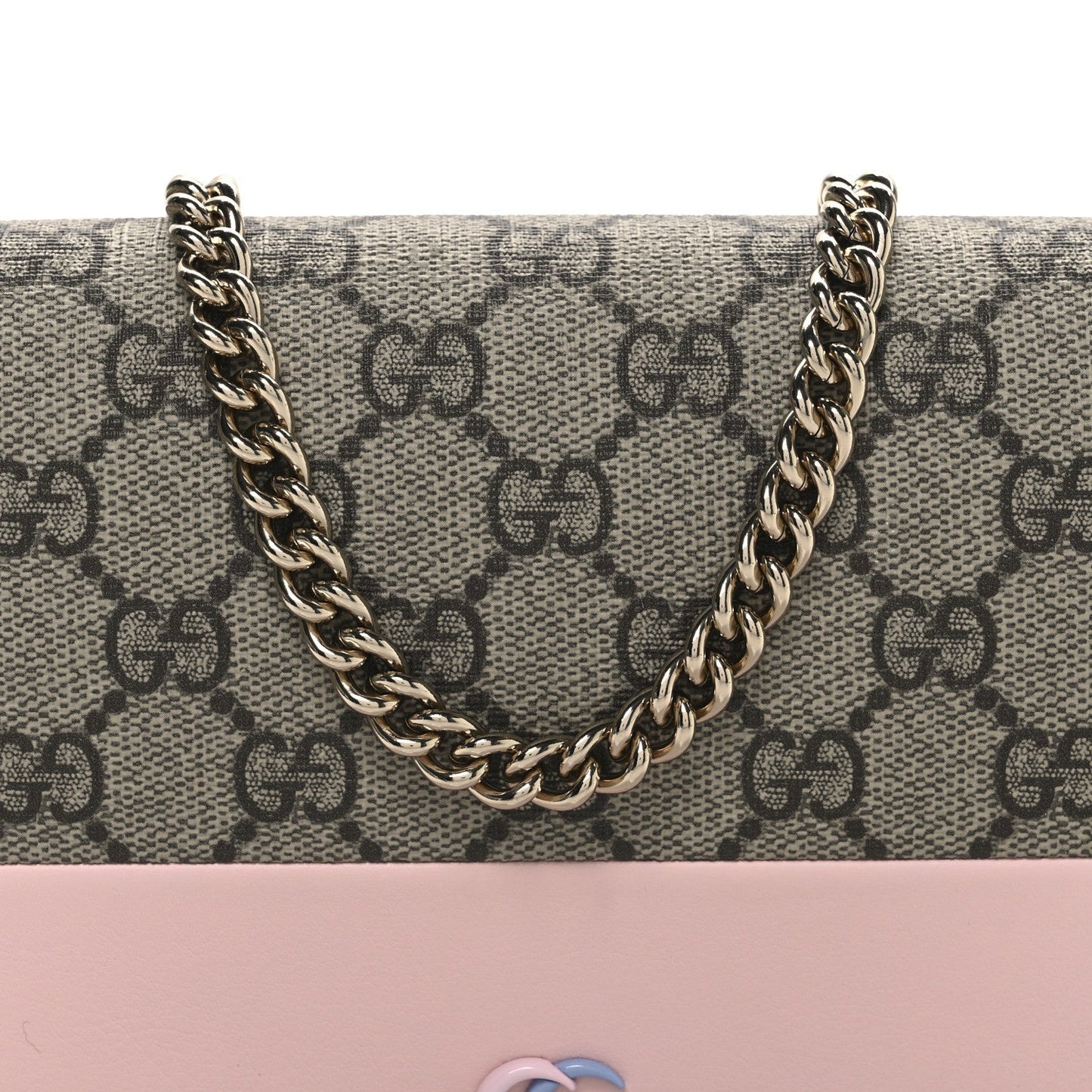 GG Supreme Monogram Textured Dollar Calfskin Mini GG Marmont Chain Wallet Light Pink Blue Beige