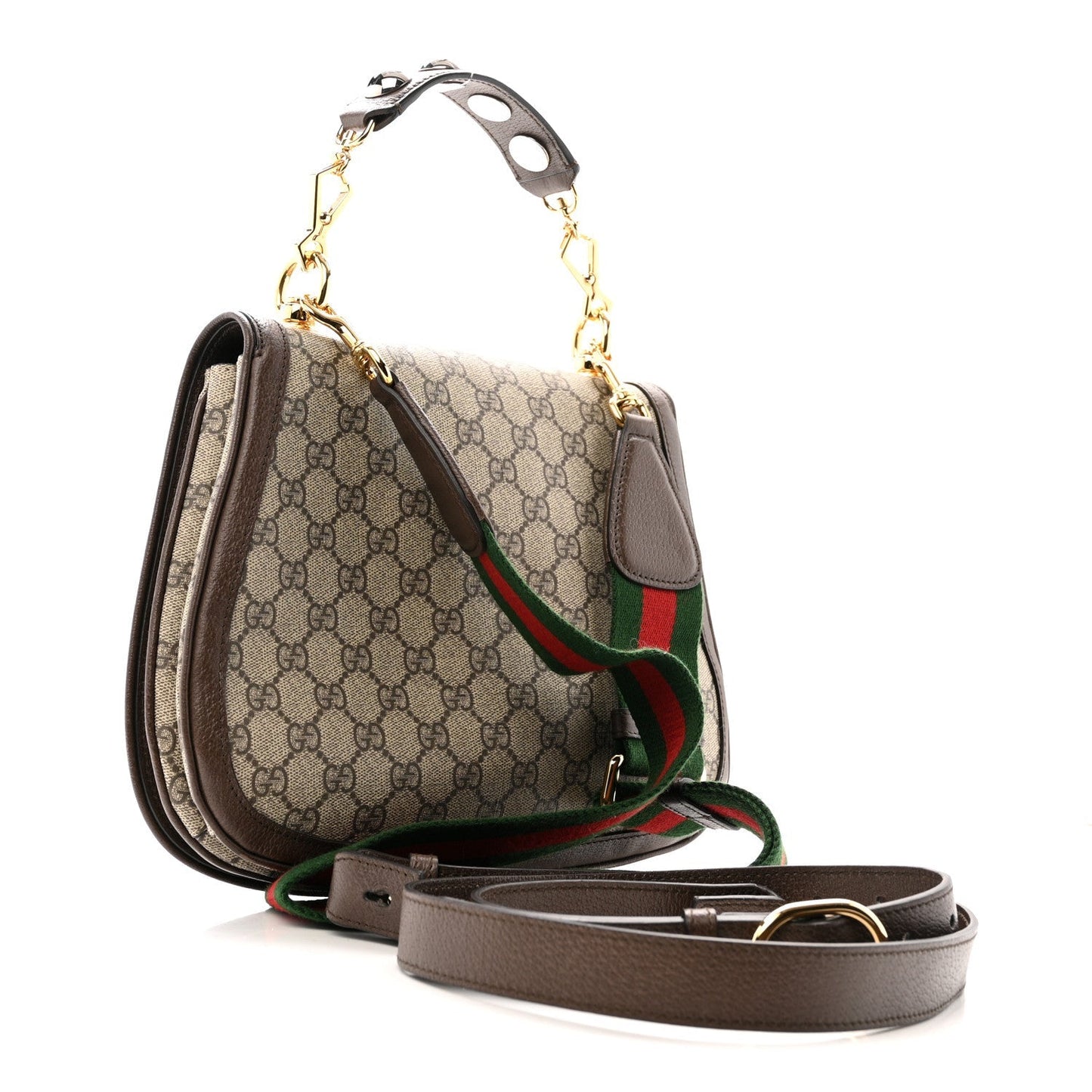GG Supreme Monogram Textured Dollar Calfskin Web Medium Blondie Top Handle Shoulder Flap Bag Beige Ebony New Acero