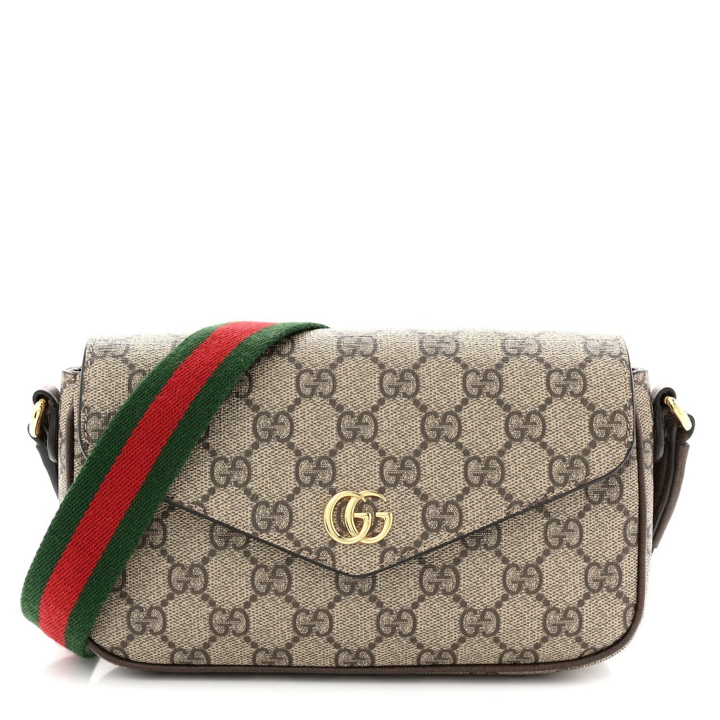 GG Supreme Monogram Textured Dollar Calfskin Web Mini Ophidia Envelope Shoulder Bag Beige Ebony