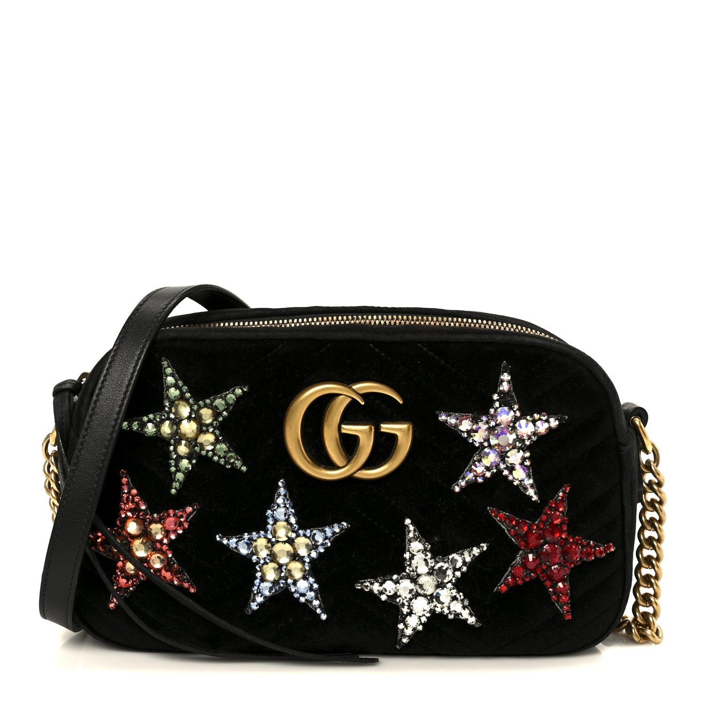 Velvet Matelasse Crystal Star Embroidered Small GG Marmont Chain Shoulder Bag Black