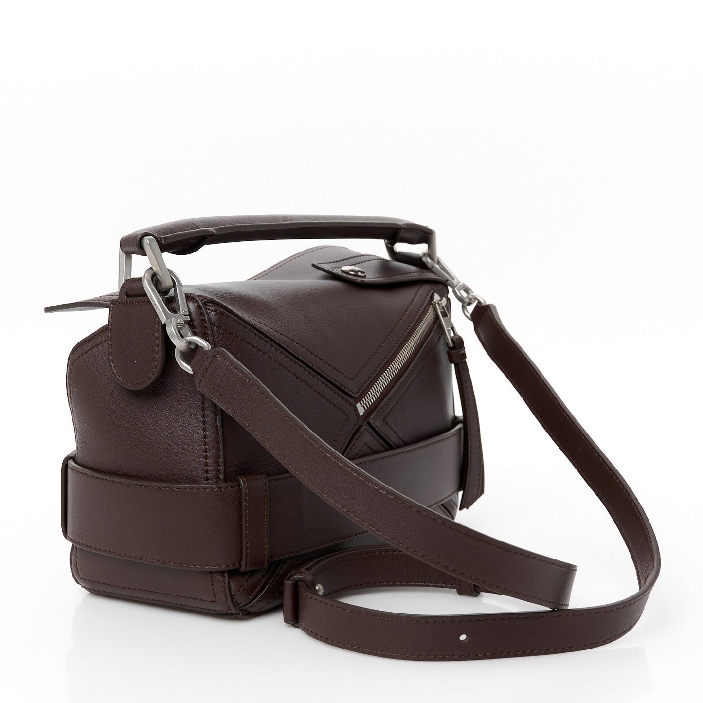Shiny Calfskin Small Puzzle Biker Bag Dark Brown