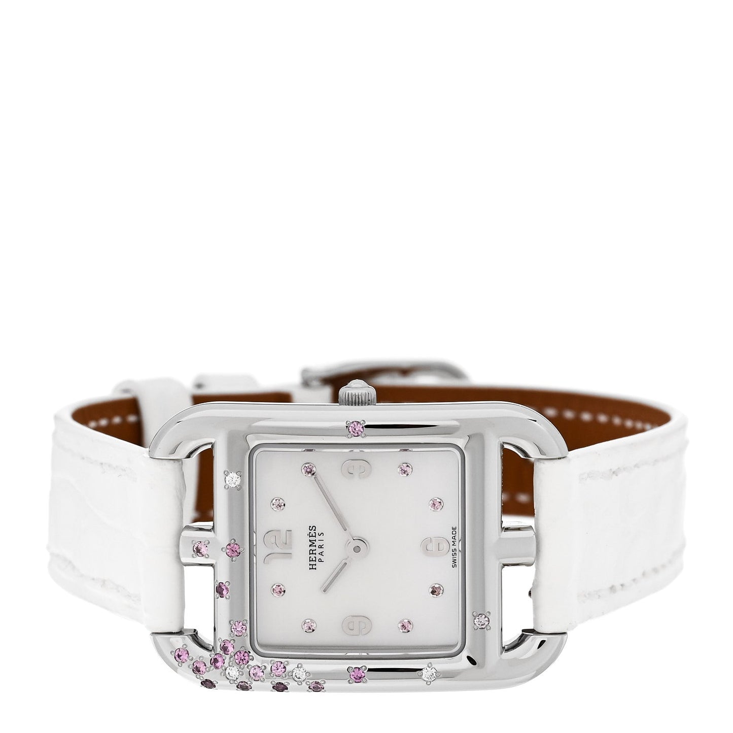 Stainless Steel Alligator Diamond Pink Sapphire Mother of Pearl 23mm Cape Cod Quartz Watch Blanc