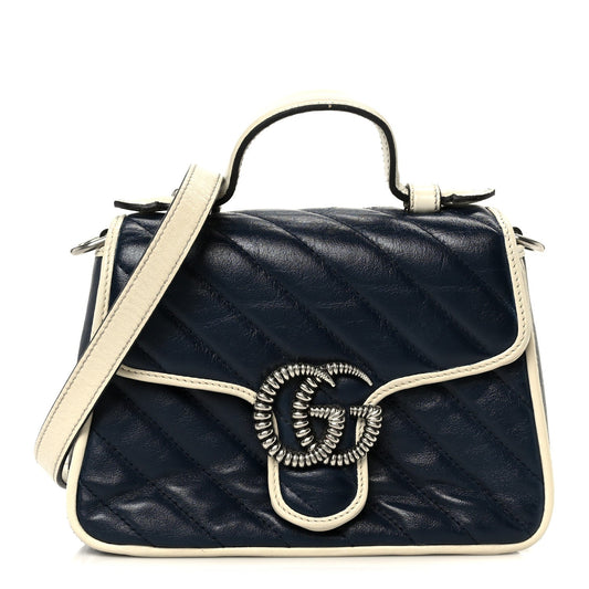 Vintage Effect Calfskin Matelasse Diagonal Mini Torchon GG Marmont Top Handle Shoulder Bag Blue Agata Mystic White