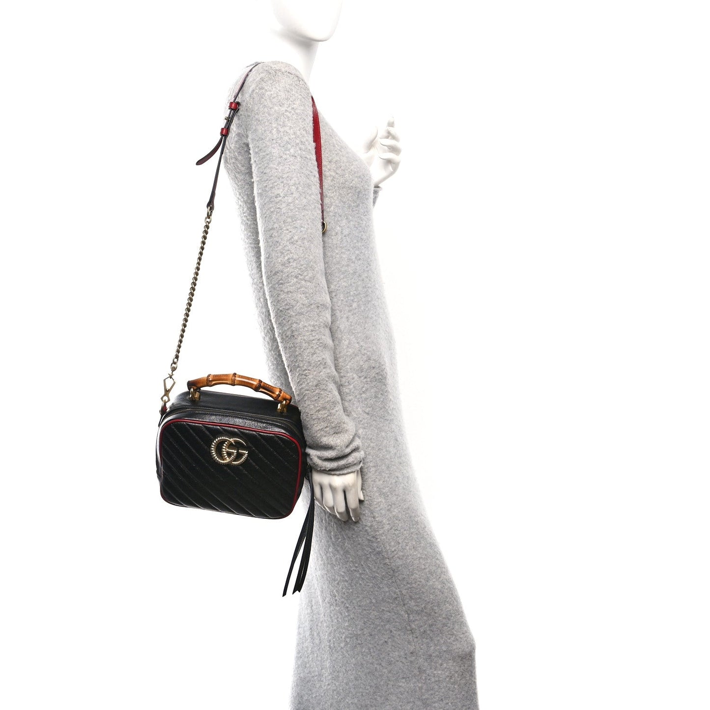 Vintage Effect Calfskin Matelasse Diagonal Small Torchon GG Marmont Bamboo Top Handle Shoulder Bag Black Romantic Cherry