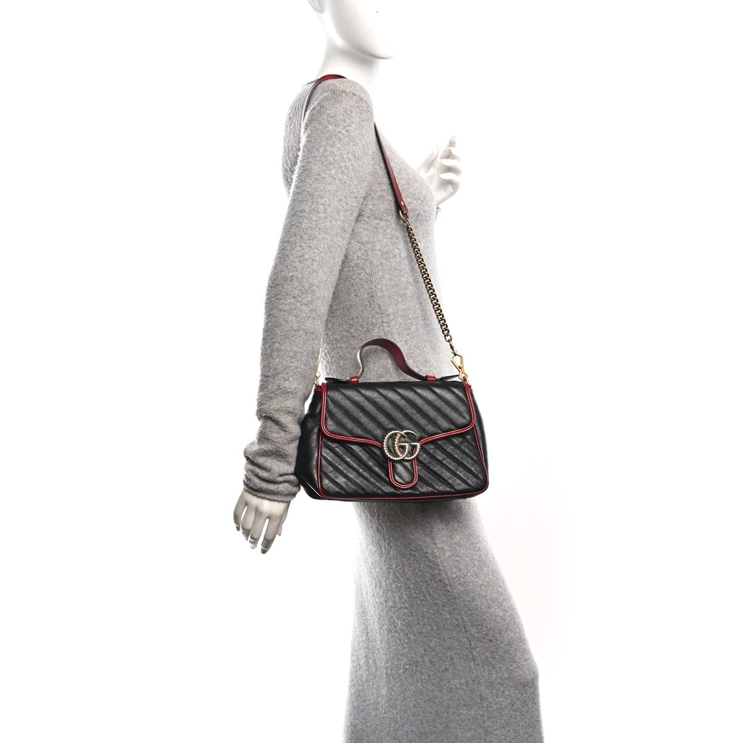 Vintage Effect Calfskin Matelasse Diagonal Small Torchon GG Marmont Top Handle Shoulder Bag Black Romantic Cherry
