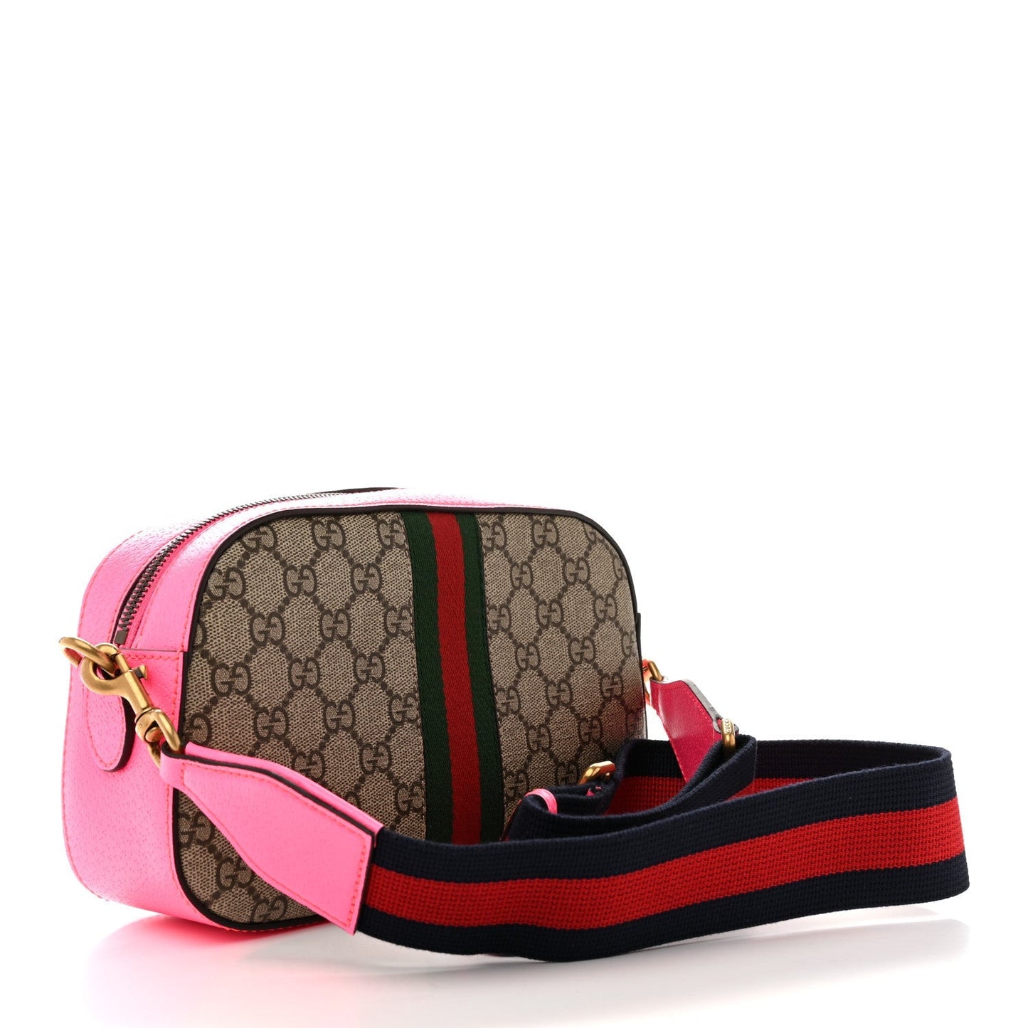 GG Supreme Monogram Textured Dollar Calfskin Web Ophidia Small Crossbody Bag Beige Ebony Fuchsia